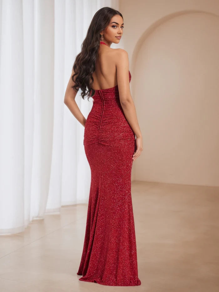 Glamorous Mermaid Halter Neck Sleeveless Plain Back Floor Length Prom Dresses