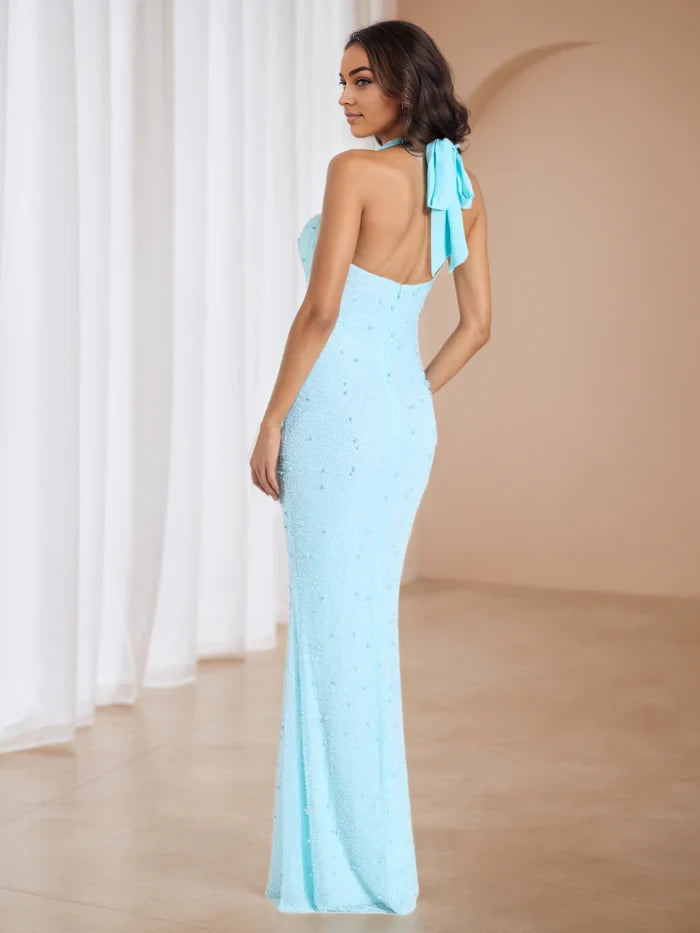Glamorous Mermaid Halter Neck Sleeveless Tie - Back Floor Length Prom Dresses