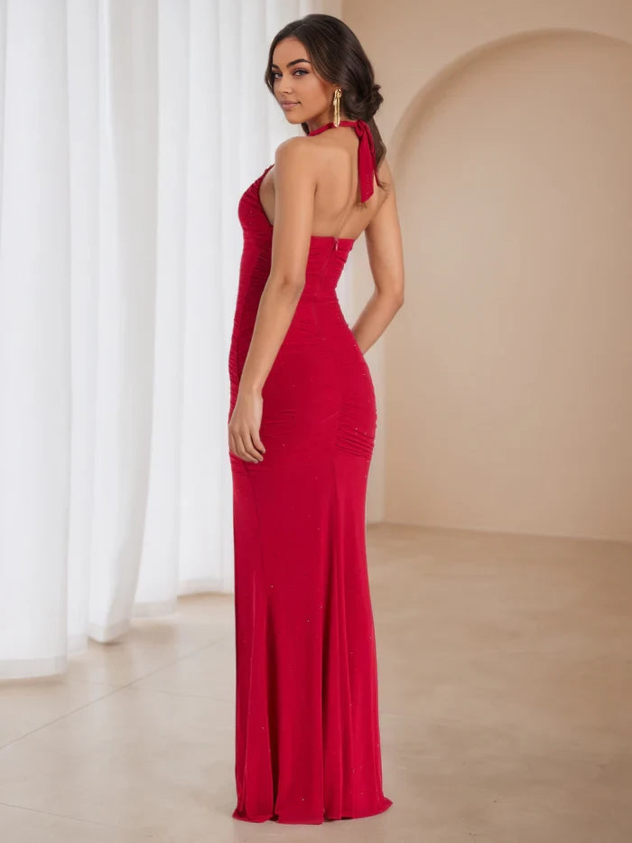Glamorous Mermaid Halter Neck Sleeveless Tie Back Floor Length Prom Dresses