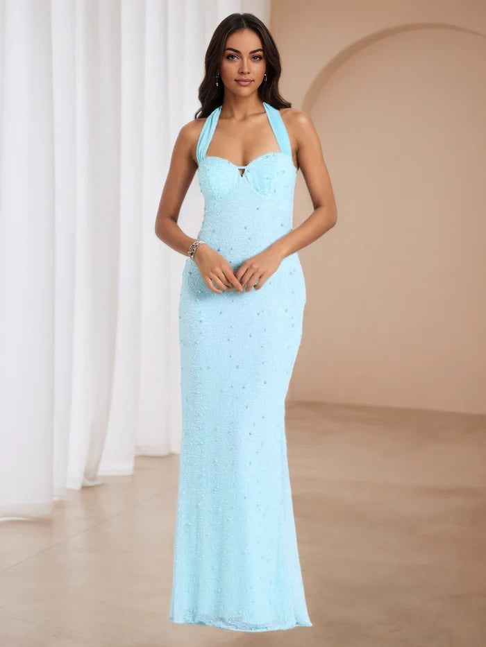 Glamorous Mermaid Halter Neck Sleeveless Tie - Back Floor Length Prom Dresses