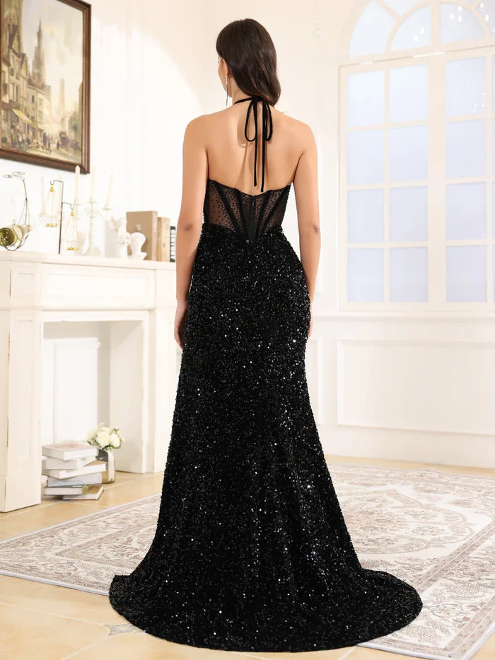 Glamorous Mermaid Halter Neck Sleeveless Tie - Back Long Length Prom Dresses