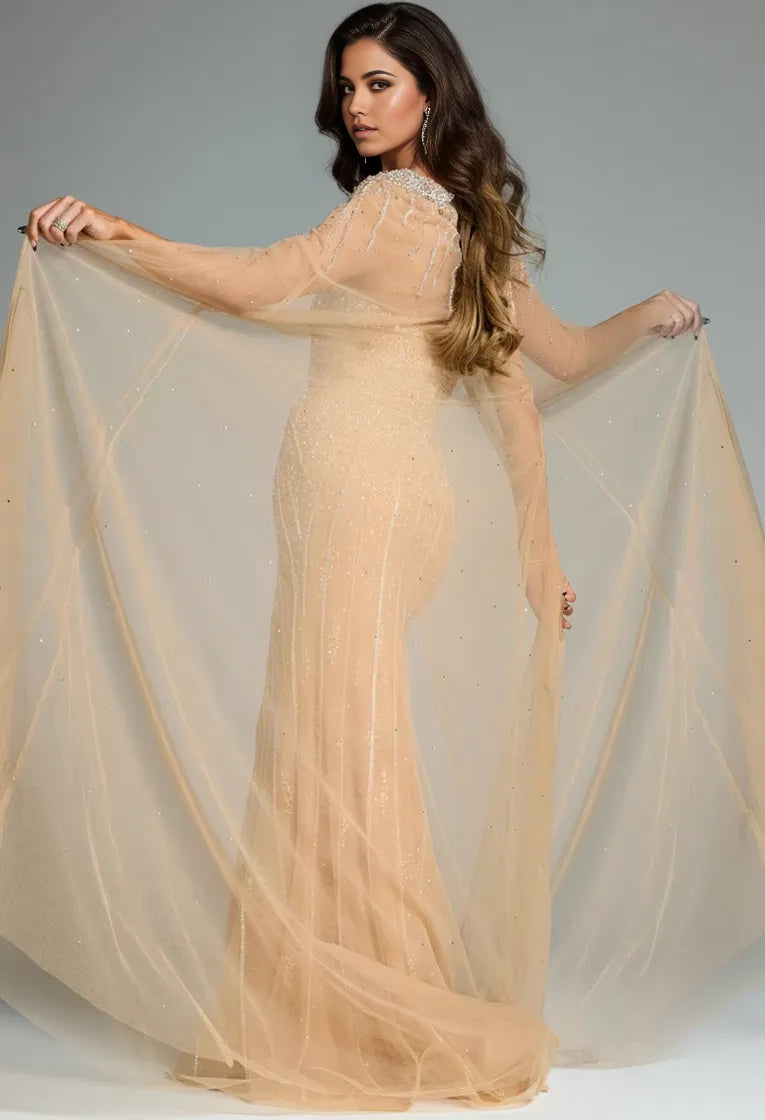 Glamorous Mermaid High-Neck Beaded-Accent Cape-Sleeve Long Length Evening Dresses