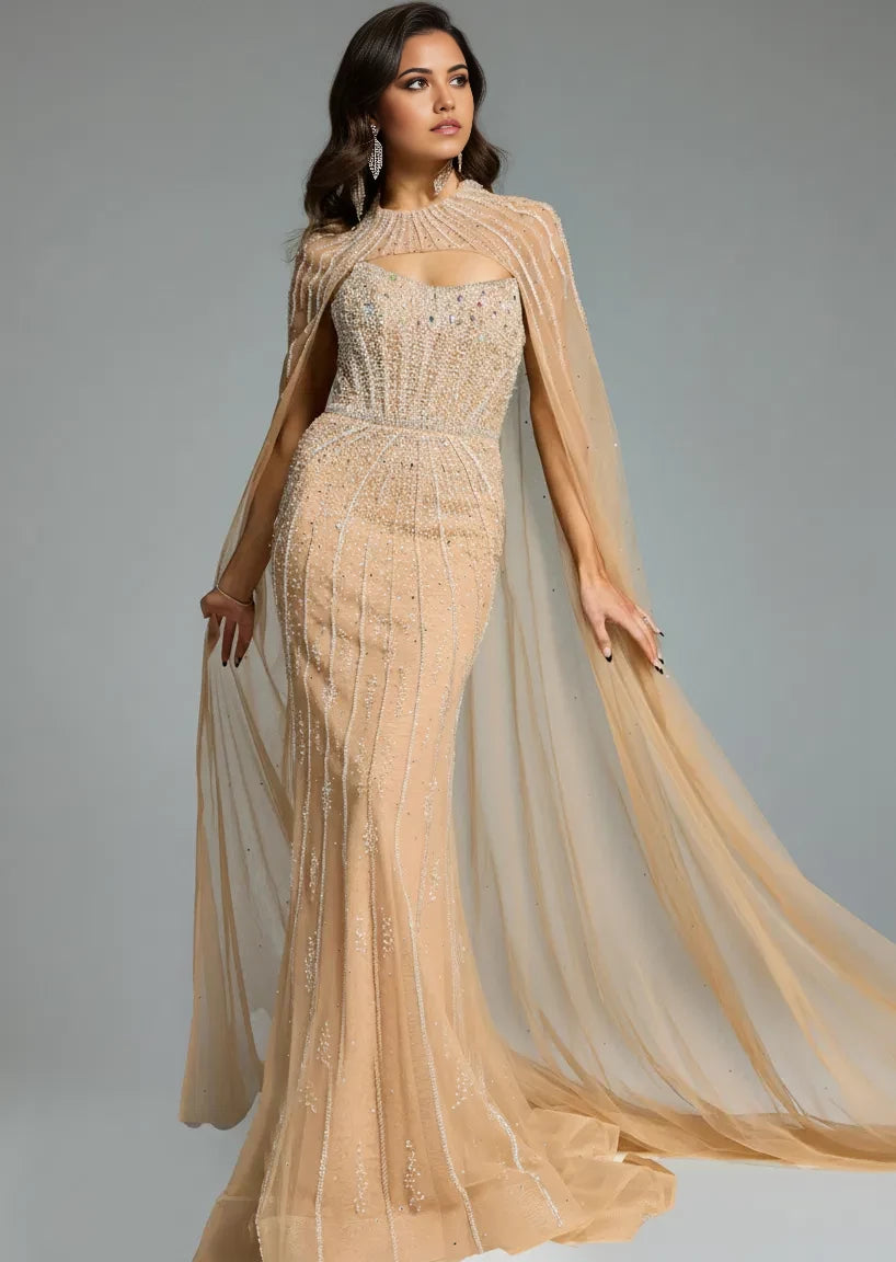 Glamorous Mermaid High-Neck Beaded-Accent Cape-Sleeve Long Length Evening Dresses