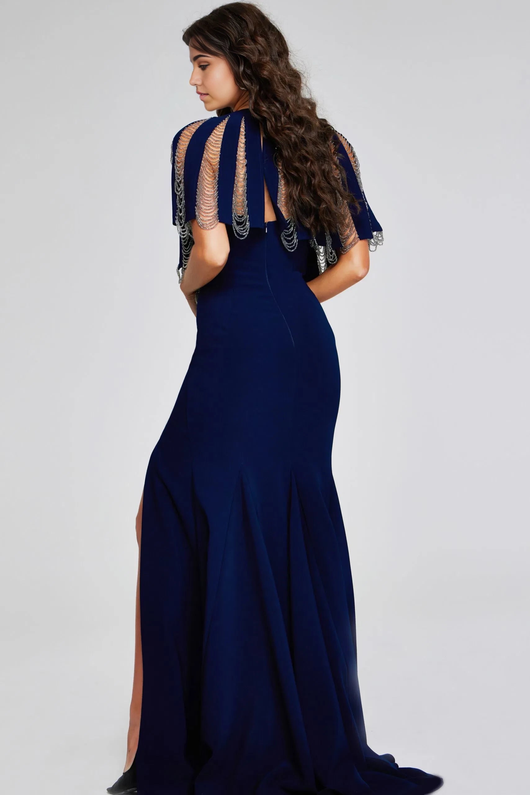 Glamorous Mermaid High-Neck Beaded-Fringe Capelet Side-Slit Long Length Evening Dresses