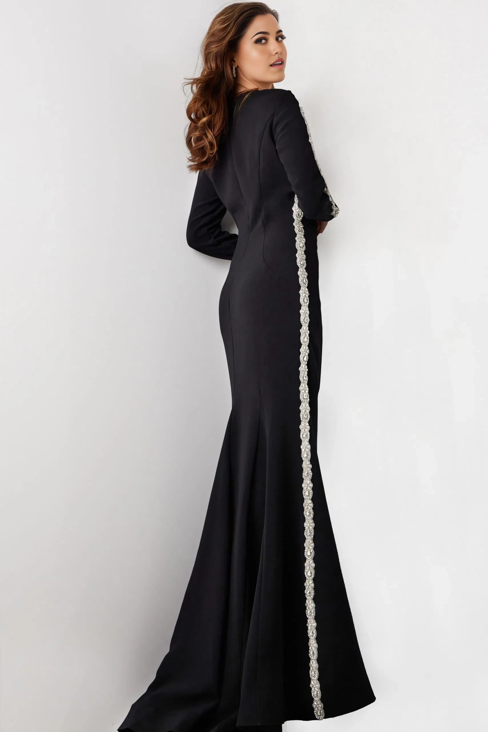 Glamorous Mermaid High-Neck Beaded-Trim Long-Sleeve Long Length Evening Dresses