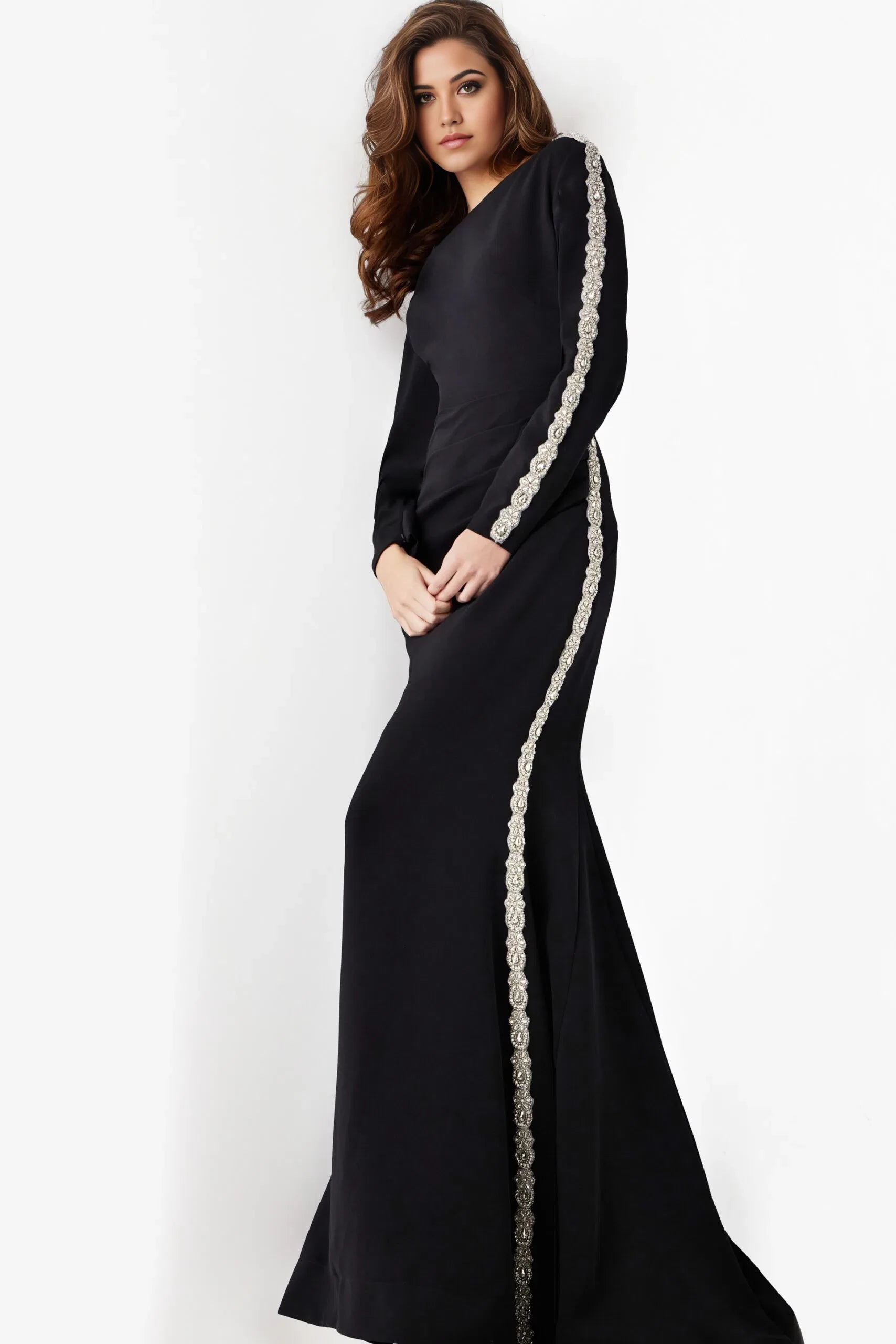 Glamorous Mermaid High-Neck Beaded-Trim Long-Sleeve Long Length Evening Dresses