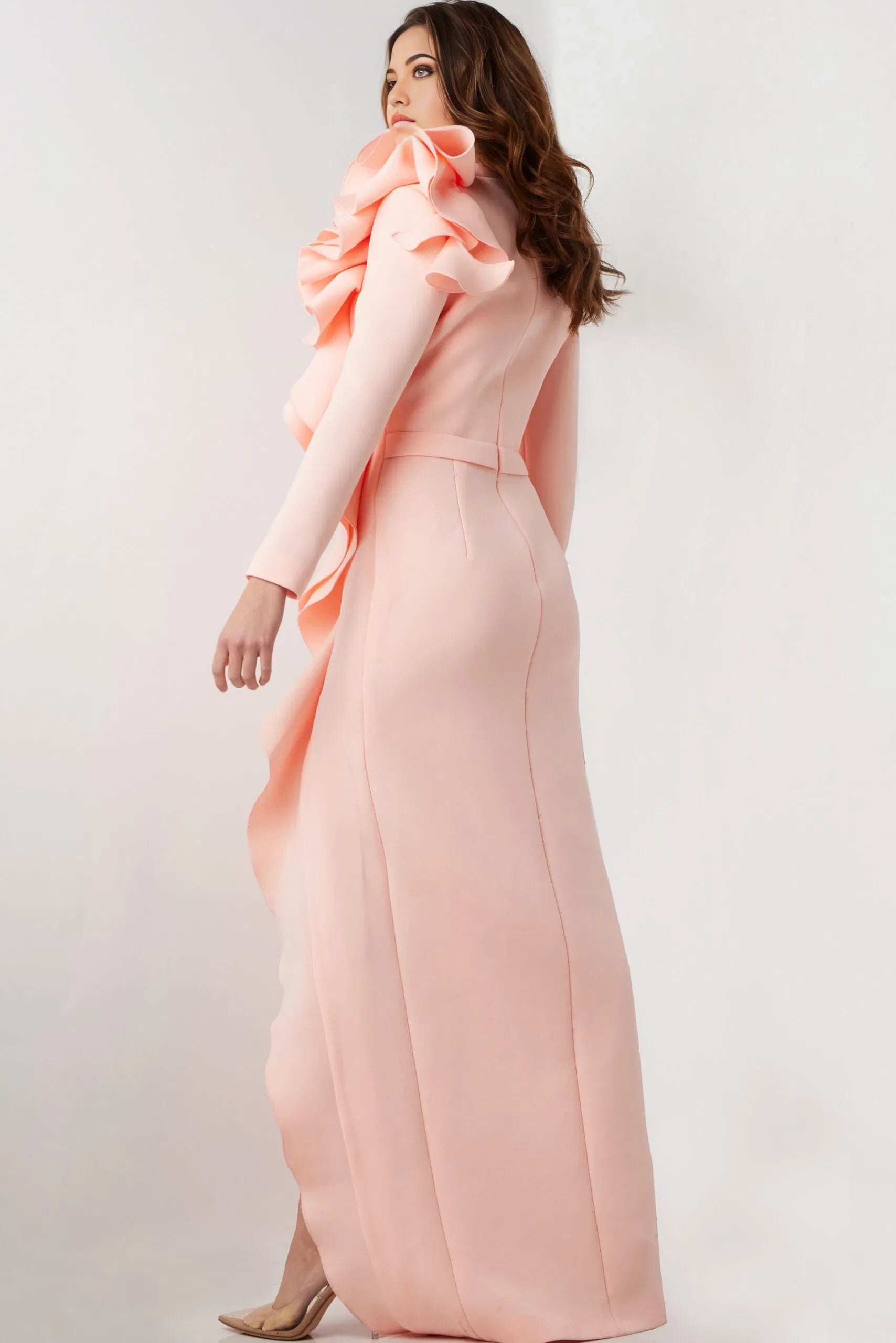 Glamorous Mermaid High-Neck Dramatic-Ruffled Long-Sleeve Side-Slit Long Length Evening Dresses