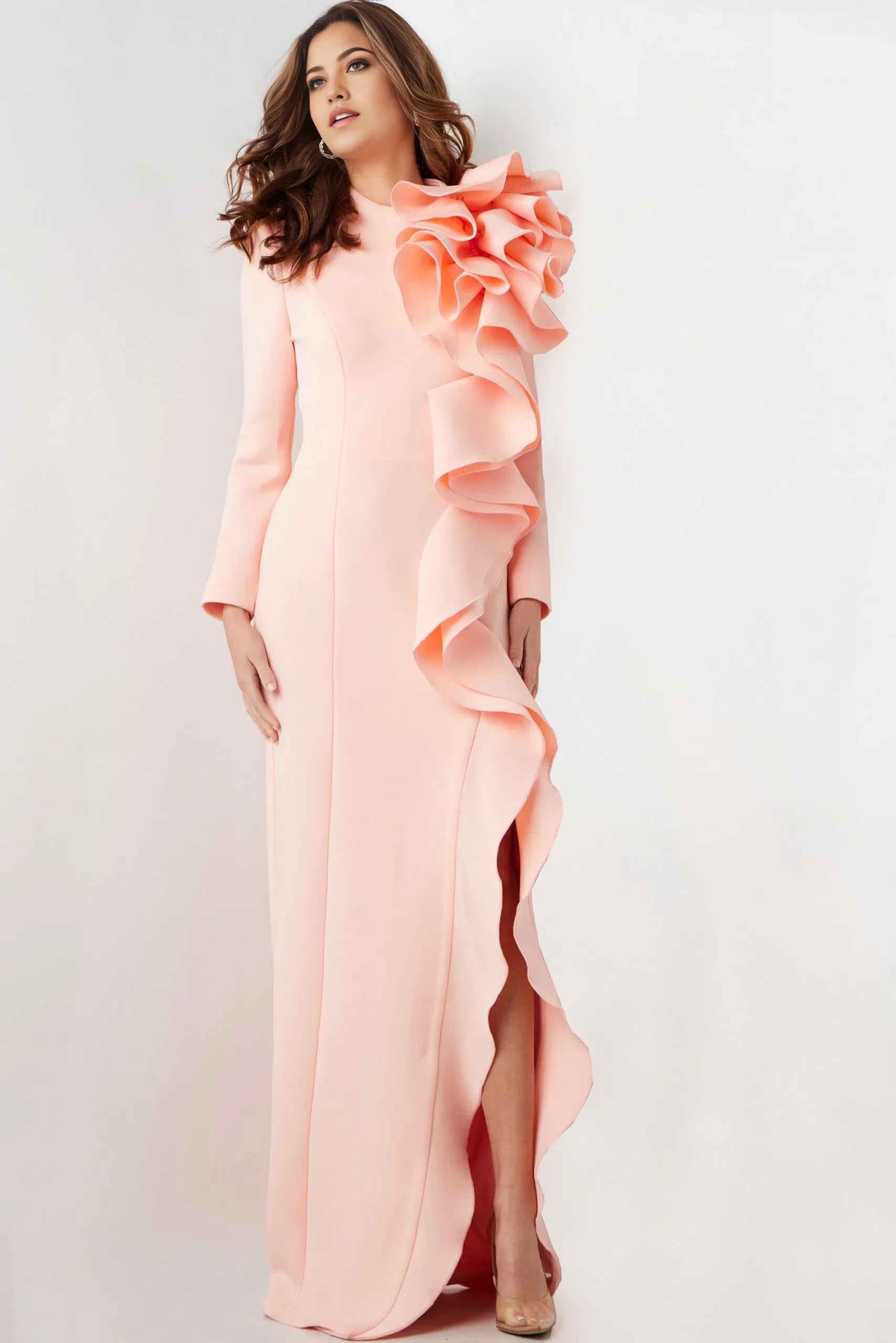 Glamorous Mermaid High-Neck Dramatic-Ruffled Long-Sleeve Side-Slit Long Length Evening Dresses