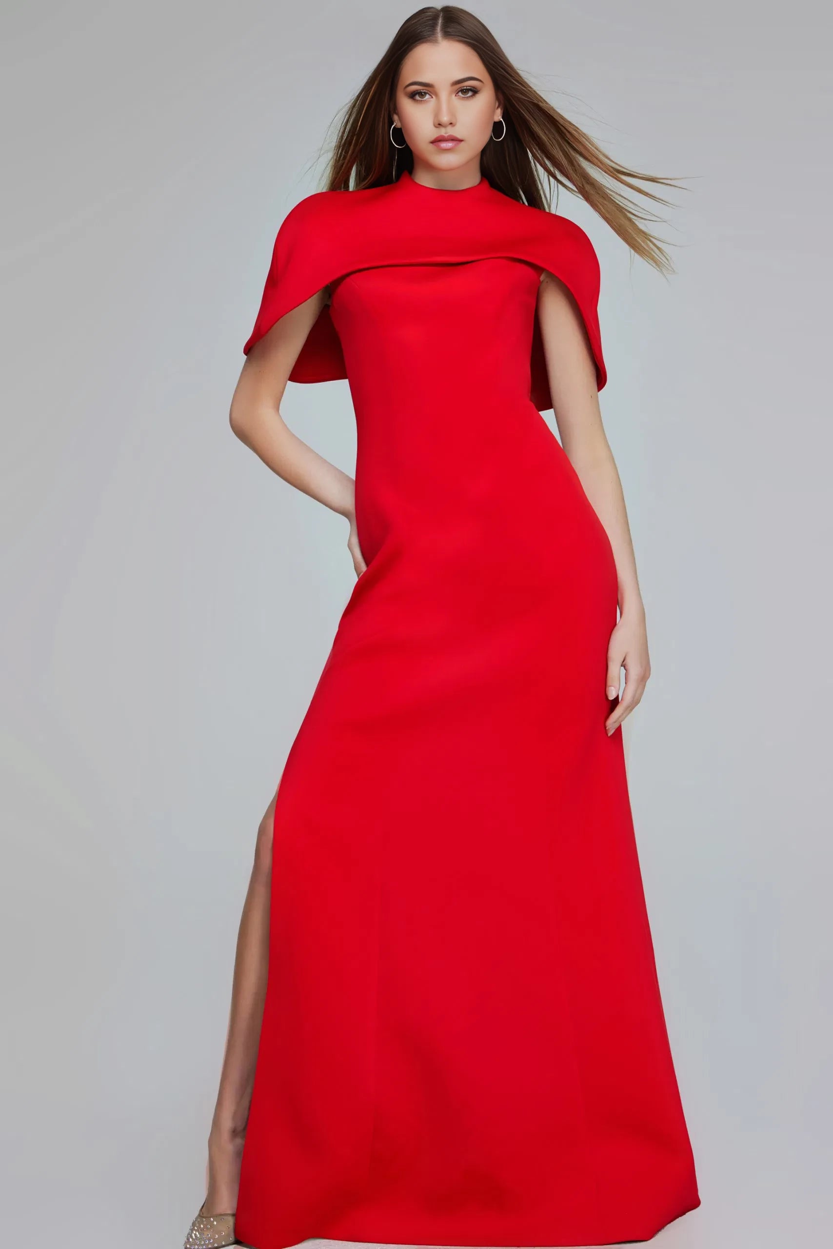 Glamorous Mermaid High-Neck Draped-Cape Side-Slit Long Length Evening Dresses