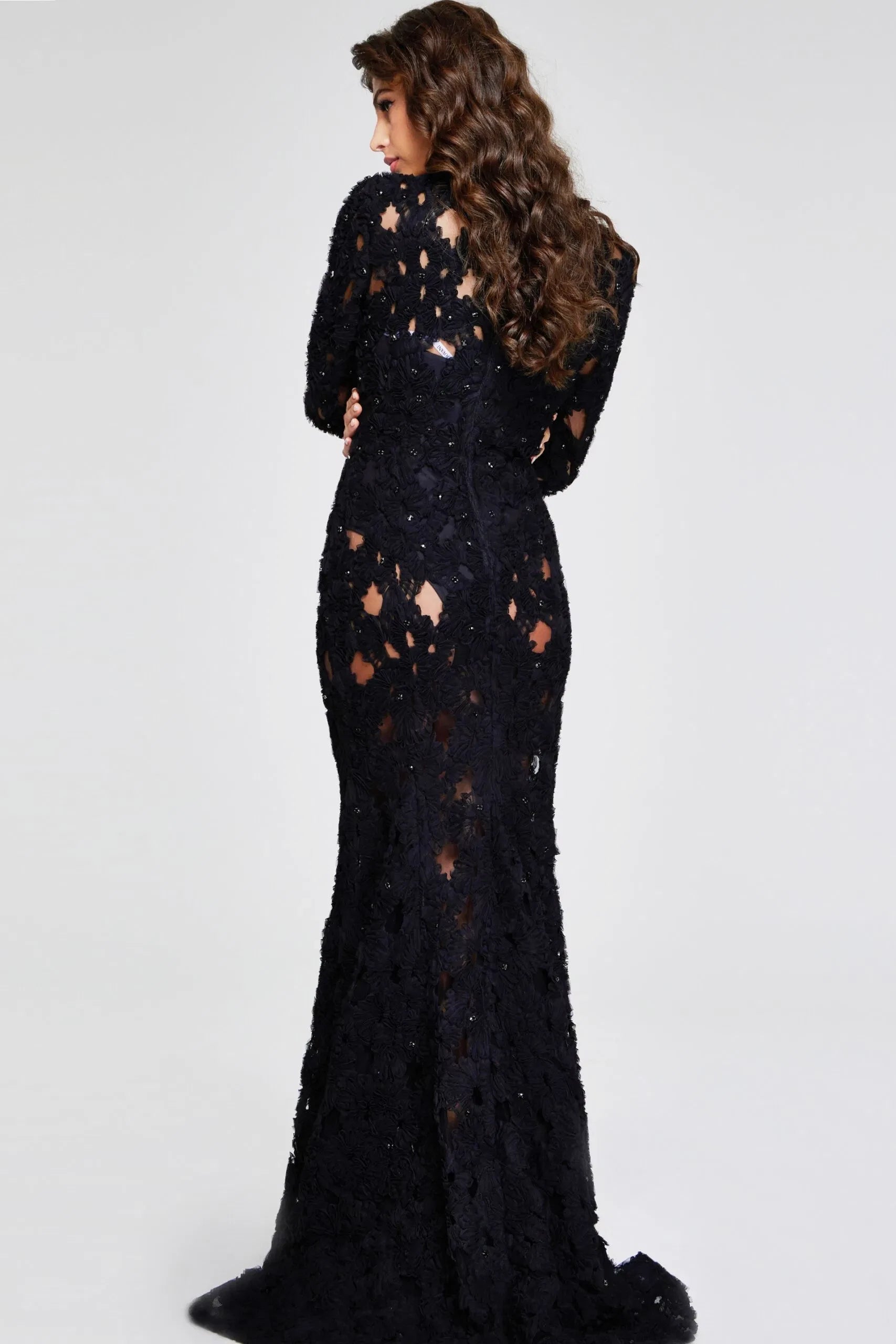 Glamorous Mermaid High-Neck Floral-Lace Beaded Long-Sleeve Long Length Evening Dresses