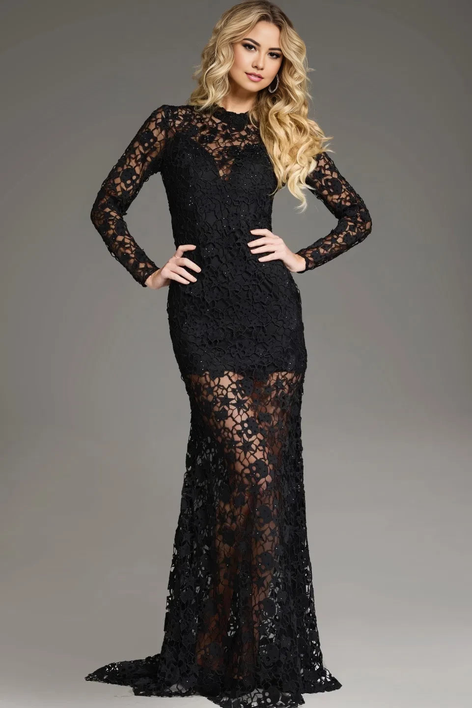 Glamorous Mermaid High-Neck Lace Sheer-Panel Long-Sleeve Long Length Evening Dresses