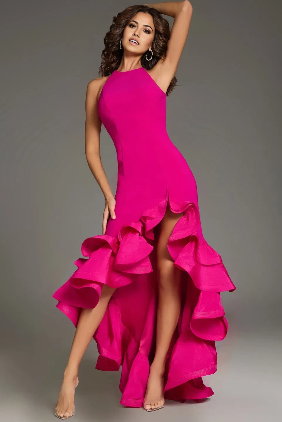 Glamorous Mermaid High-Neck Ruffle-Accent Open-Back Long Length Evening Dresses