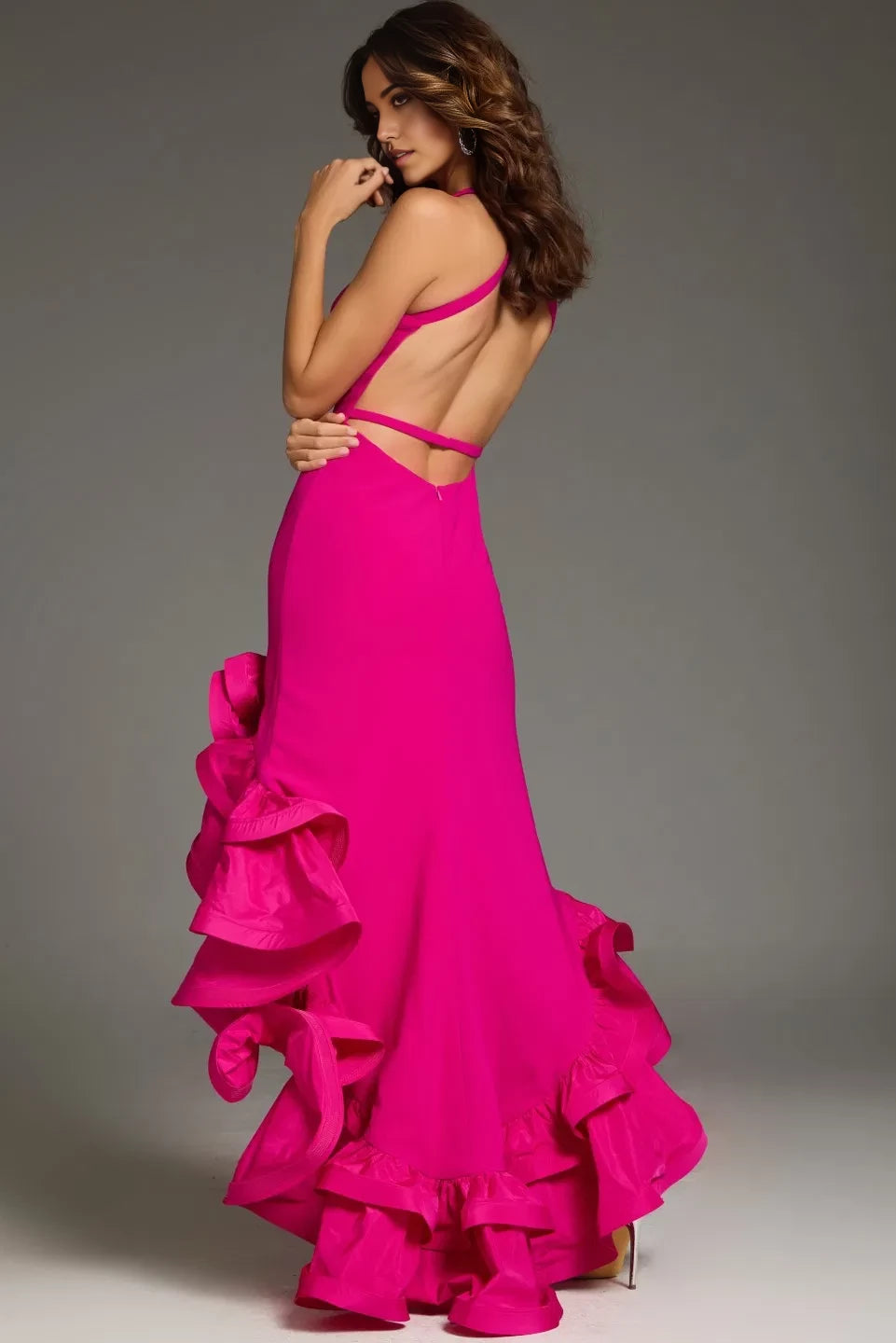 Glamorous Mermaid High-Neck Ruffle-Accent Open-Back Long Length Evening Dresses