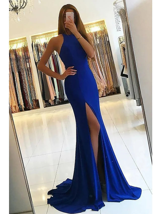 Glamorous Mermaid High Neck Sleeveless Cutout Back Long Length Prom Dresses