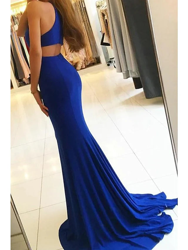 Glamorous Mermaid High Neck Sleeveless Cutout Back Long Length Prom Dresses