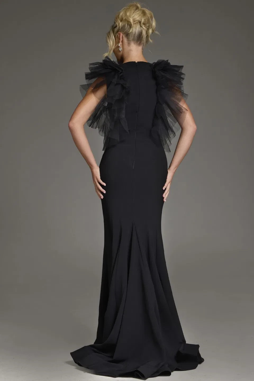 Glamorous Mermaid High-Neck Tulle-Ruffle-Sleeve Long Length Evening Dresses
