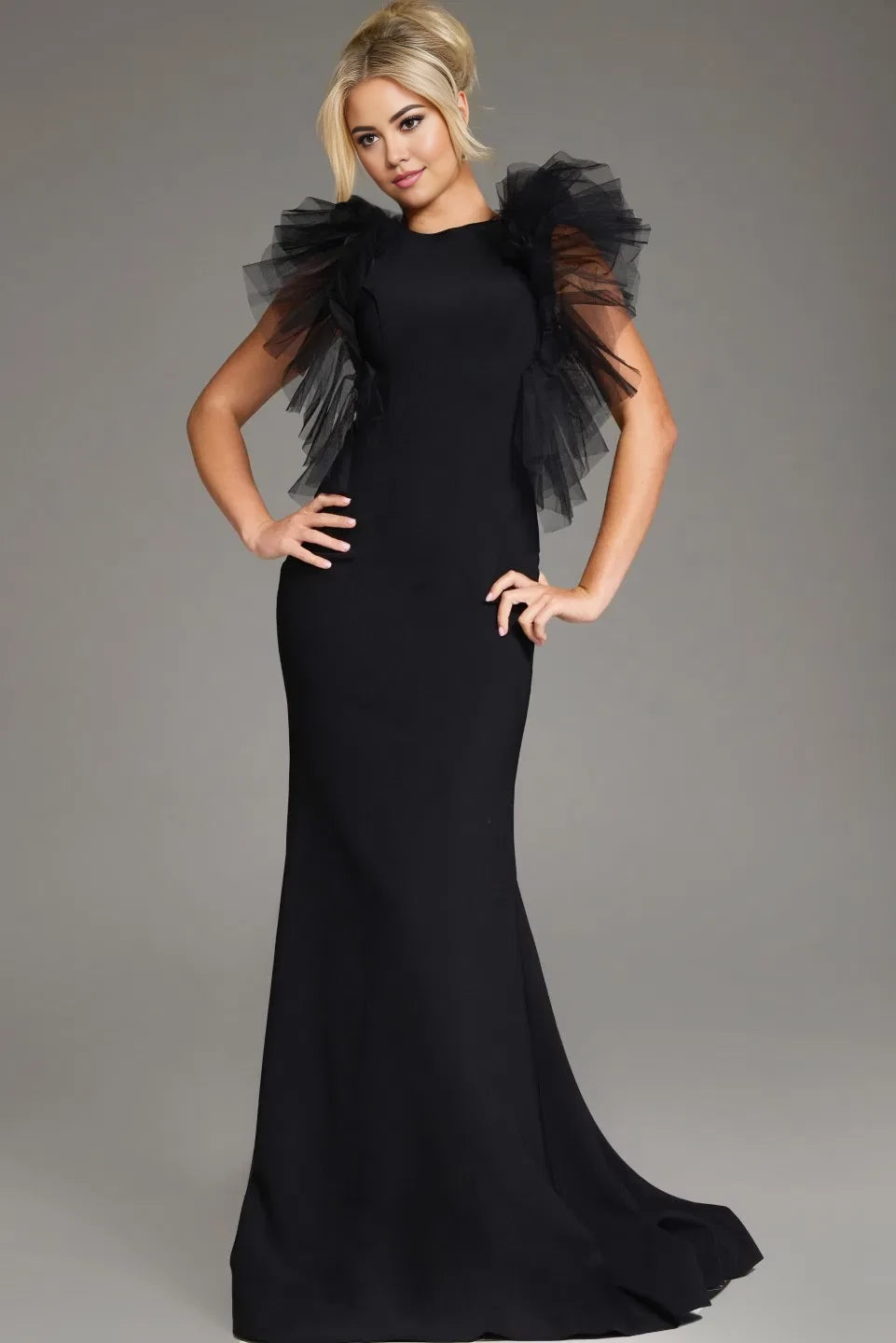 Glamorous Mermaid High-Neck Tulle-Ruffle-Sleeve Long Length Evening Dresses