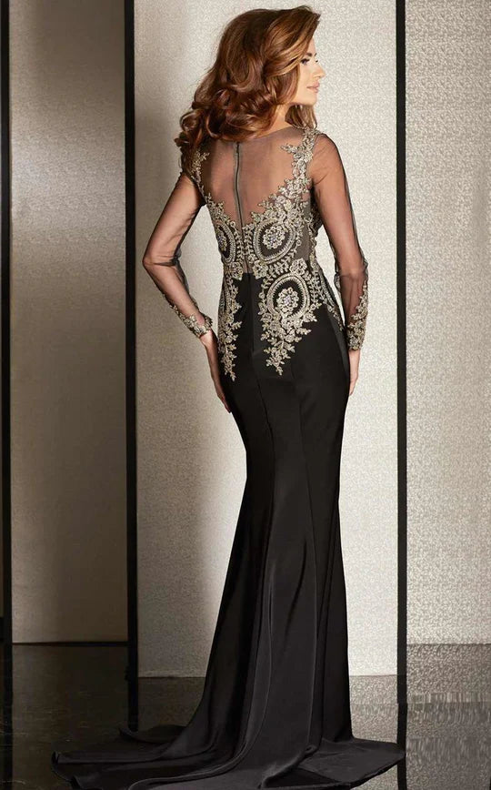 Glamorous Mermaid Illusion-Neck Long-Sleeve Sheer-Back Black Gold-Embroidered-Satin Floor-Length Mother of the Bride Dresses