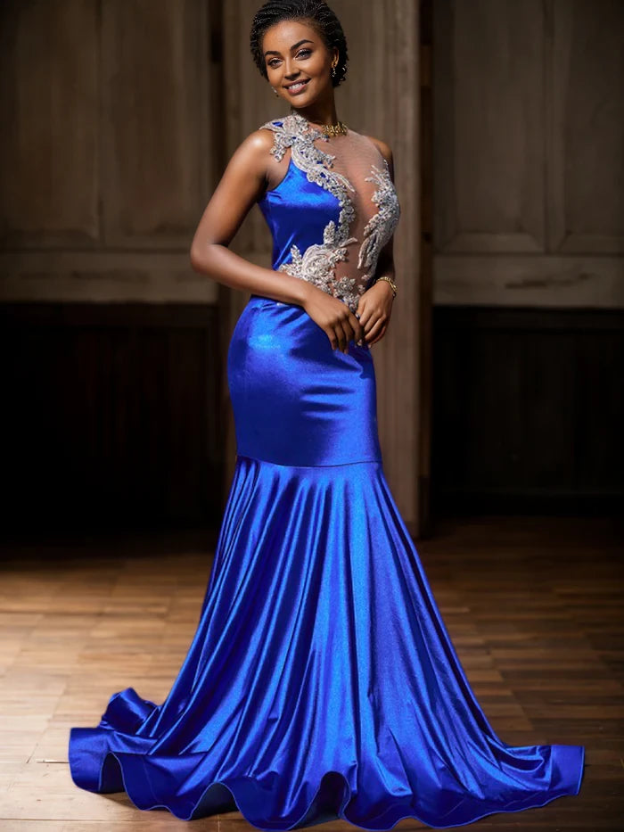 Glamorous Mermaid Illusion Neck Sleeveless Open Back Long Length Prom Dresses