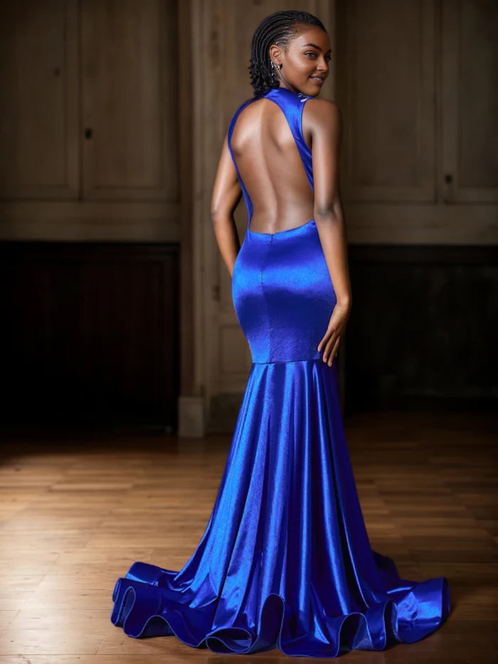 Glamorous Mermaid Illusion Neck Sleeveless Open Back Long Length Prom Dresses
