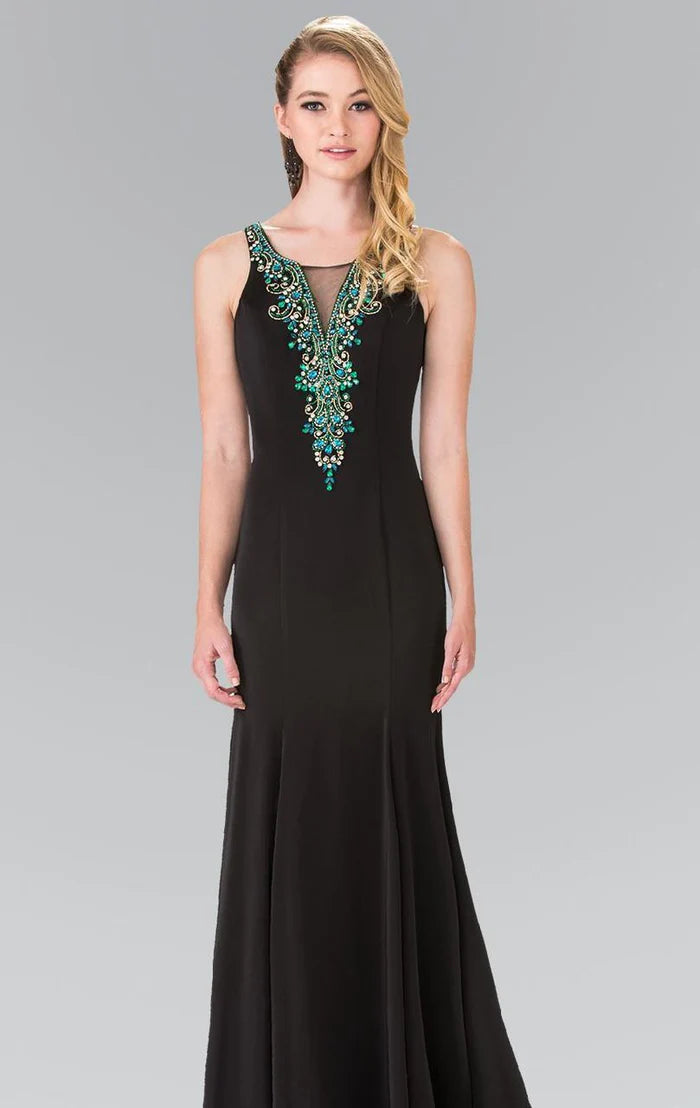 Glamorous Mermaid Keyhole-Neck Sleeveless Embellished-Mesh-Back Black Chiffon Train Floor-Length Mother of the Bride Dresses