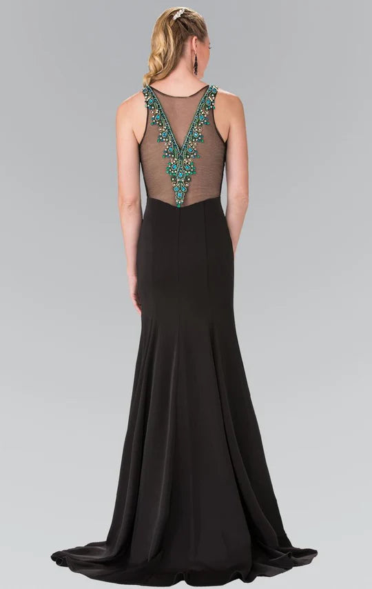 Glamorous Mermaid Keyhole-Neck Sleeveless Embellished-Mesh-Back Black Chiffon Train Floor-Length Mother of the Bride Dresses