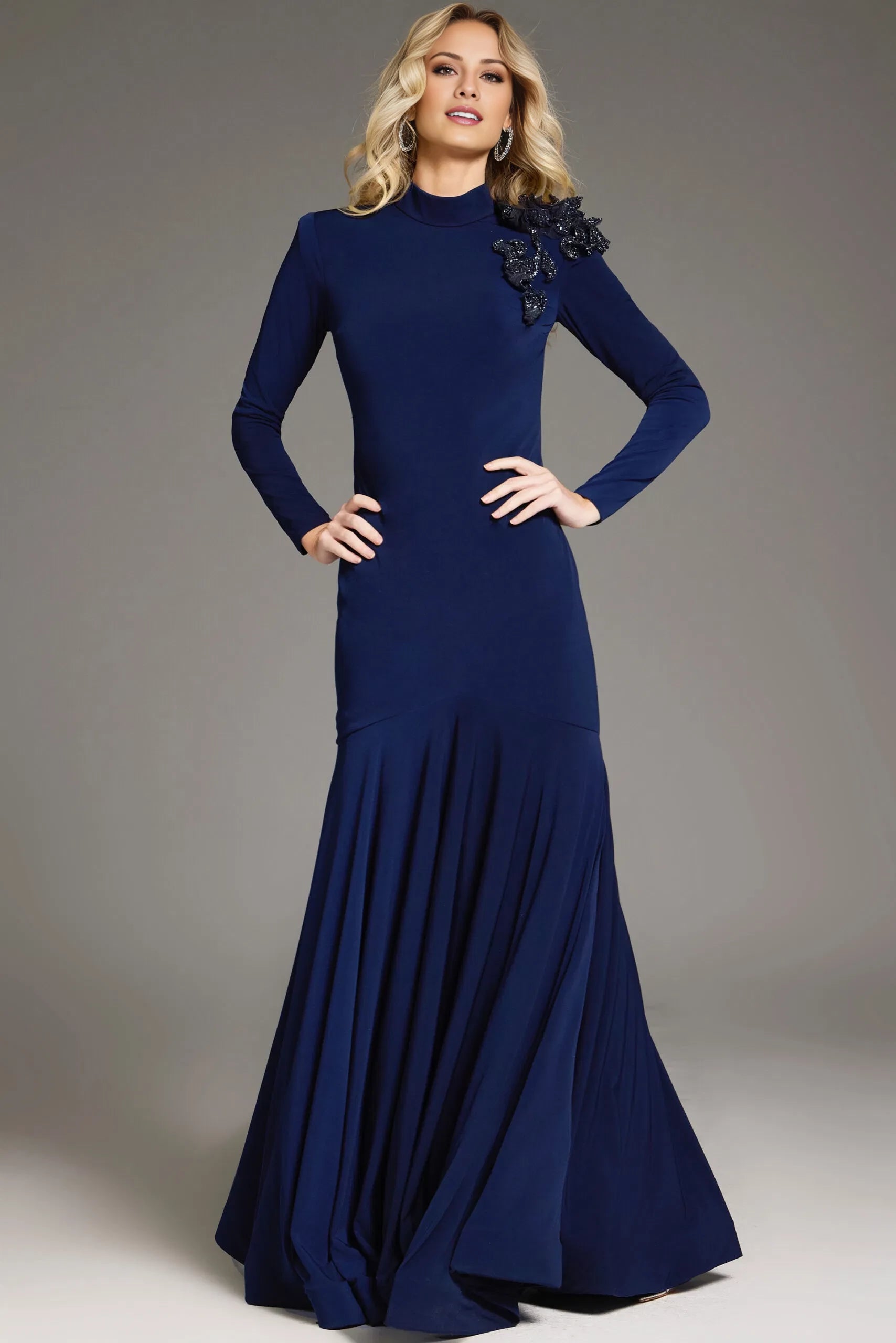 Glamorous Mermaid Mock-Neck Long-Sleeve Beaded-Floral-Accent Long Length Evening Dresses