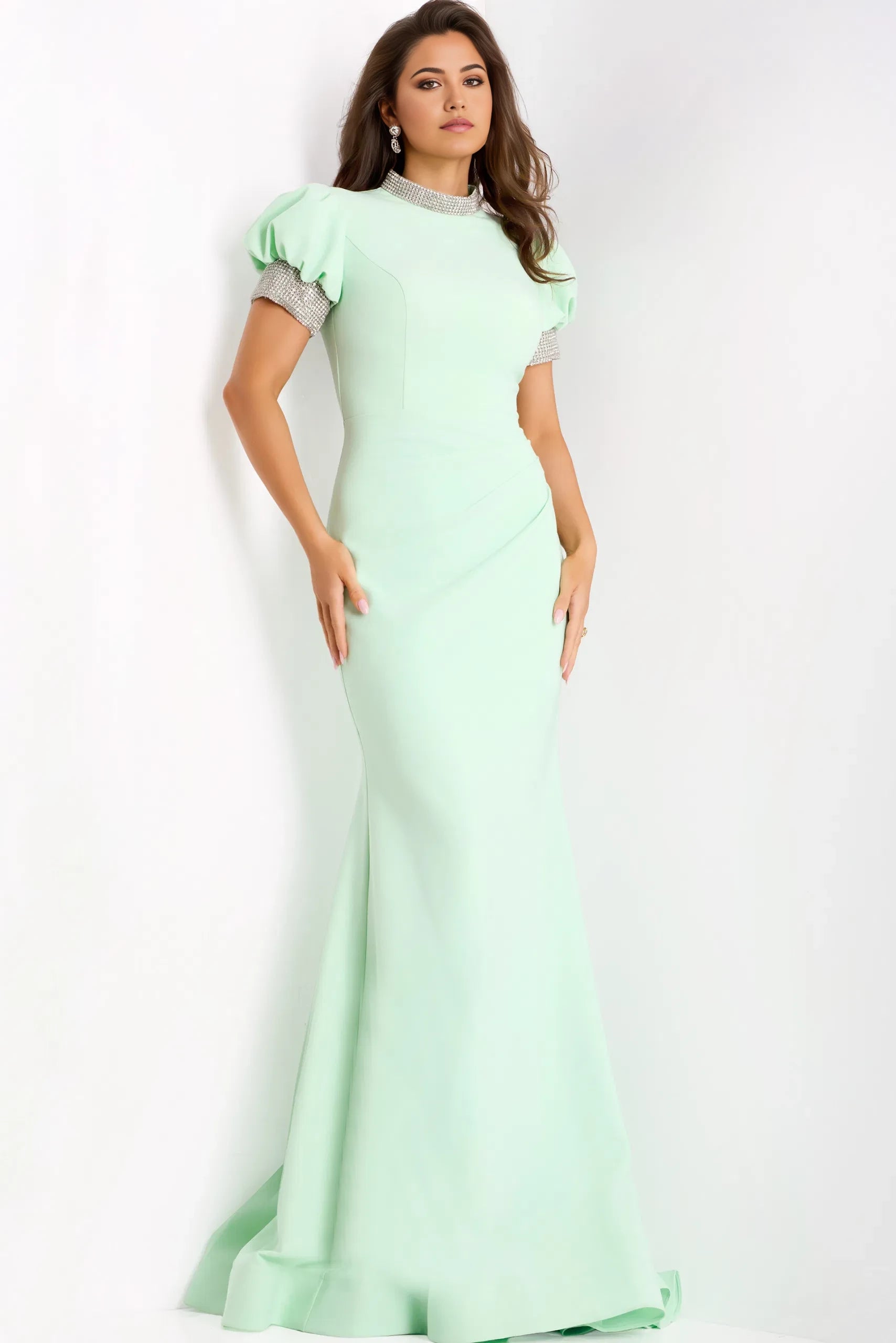 Glamorous Mermaid Mock Neck Puff-Sleeve Crystal-Embellished Long Length Evening Dresses