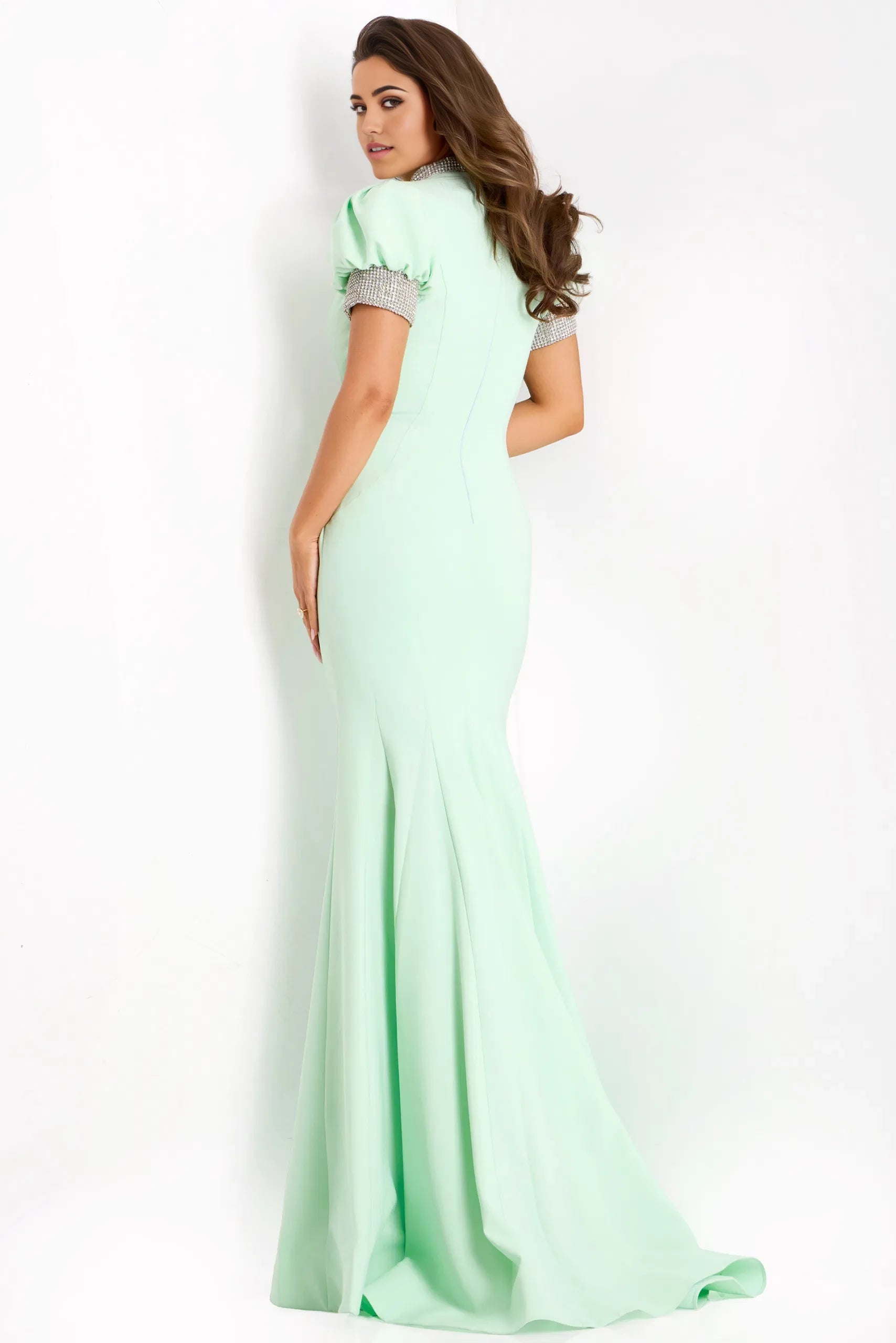 Glamorous Mermaid Mock Neck Puff-Sleeve Crystal-Embellished Long Length Evening Dresses