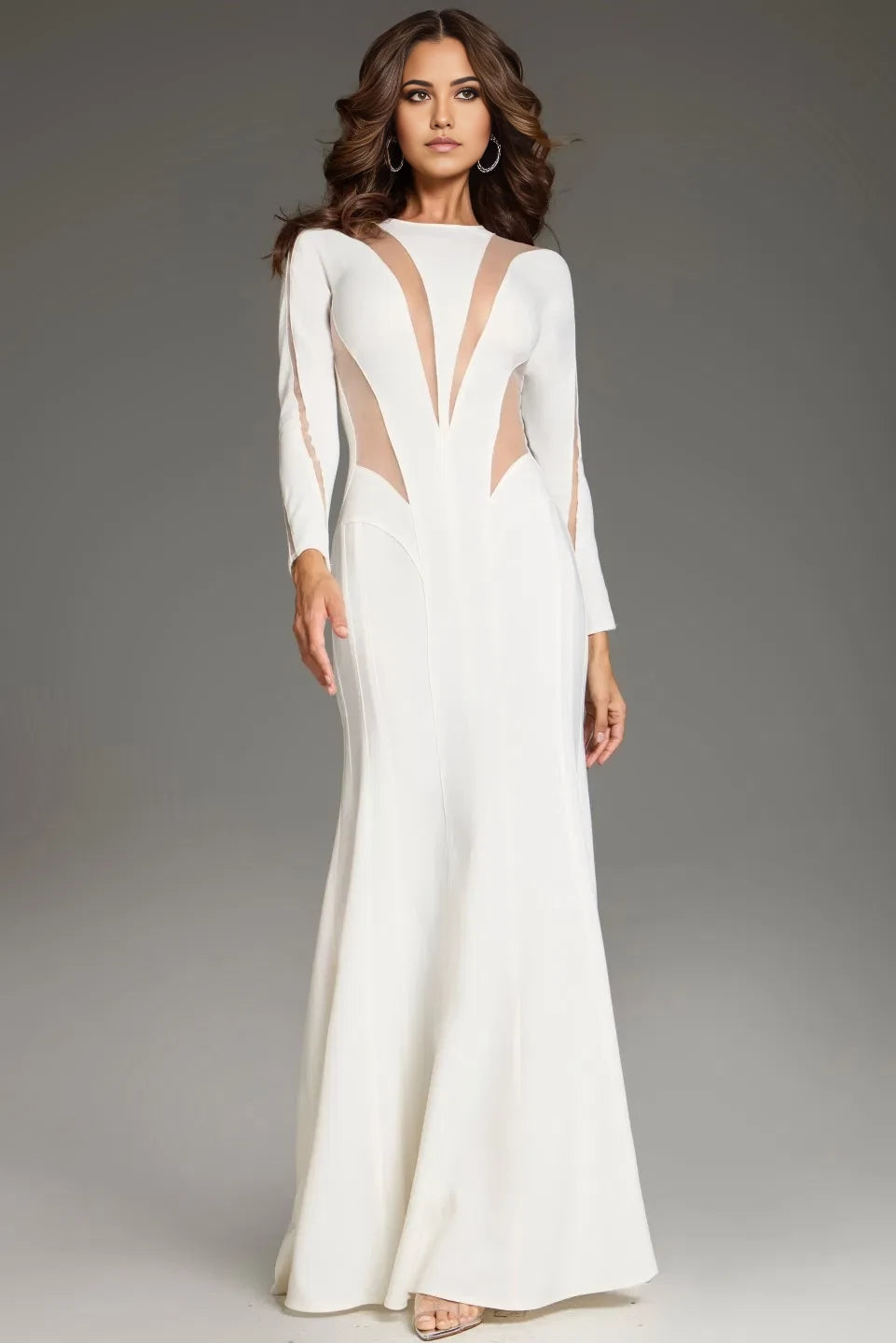Glamorous Mermaid Mock Neck Sheer-Panel Long-Sleeve Long Length Evening Dresses