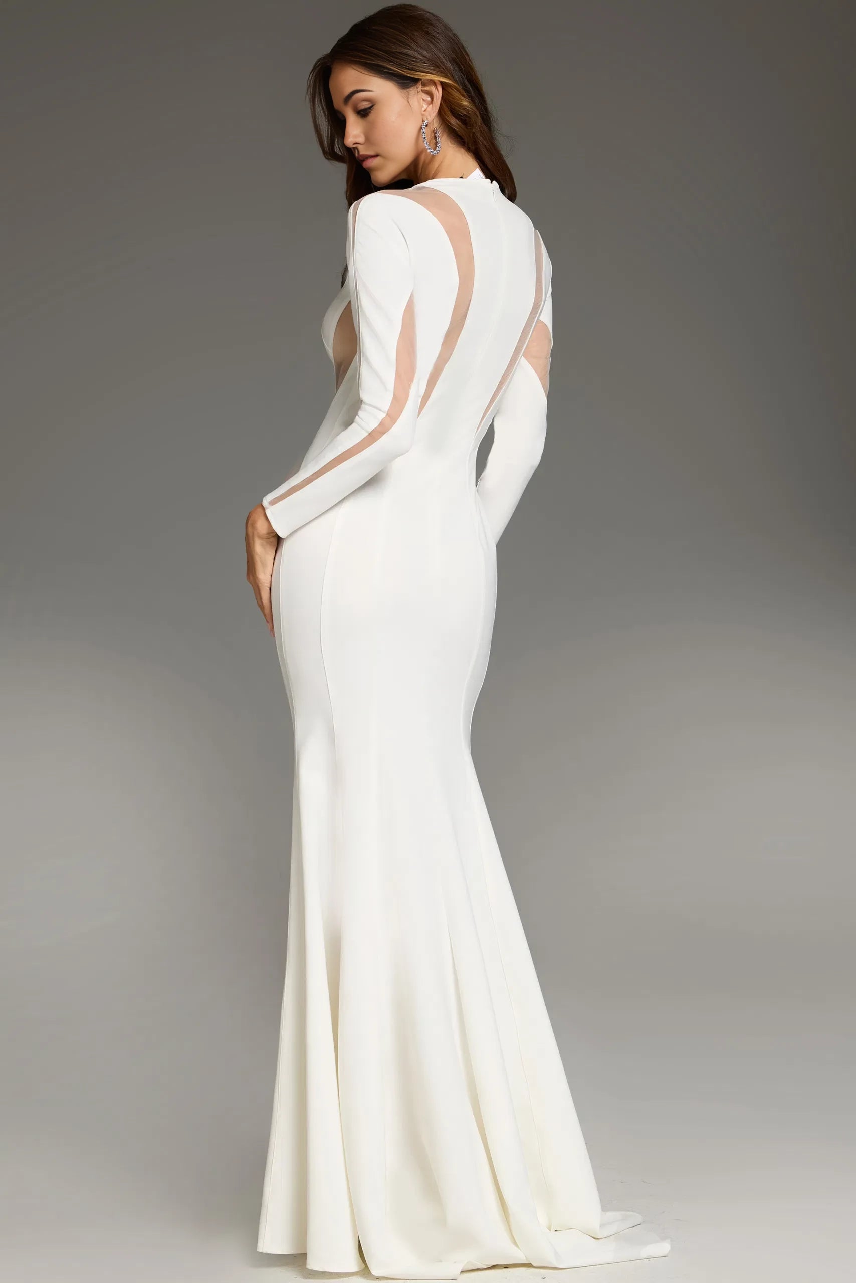 Glamorous Mermaid Mock Neck Sheer-Panel Long-Sleeve Long Length Evening Dresses