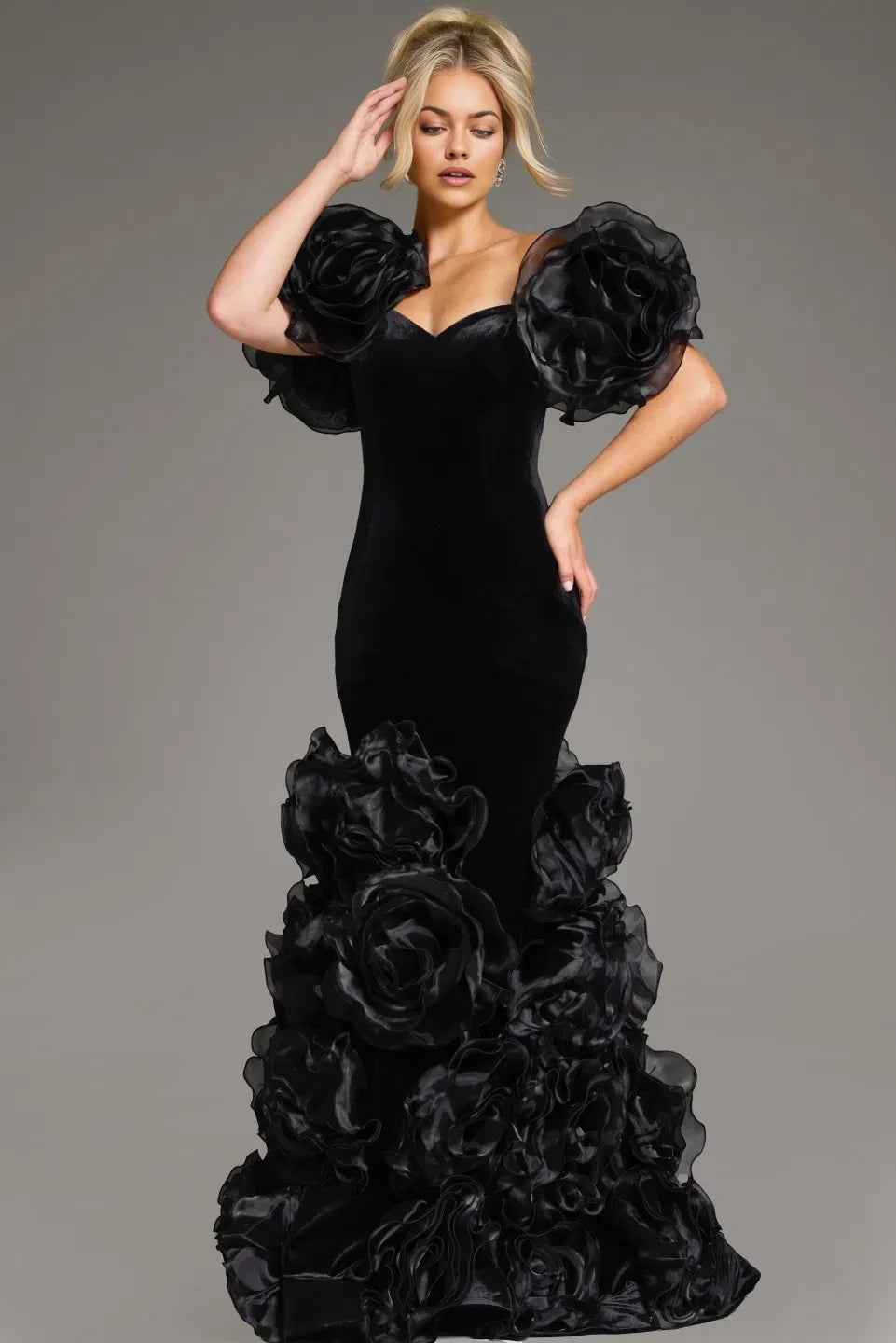 Glamorous Mermaid Off-Shoulder 3D Floral-Ruffle Velvet Long Length Evening Dresses