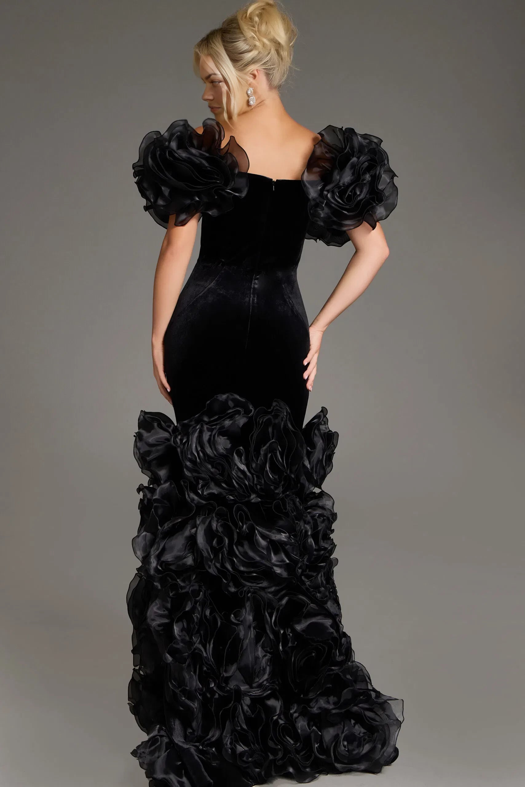 Glamorous Mermaid Off-Shoulder 3D Floral-Ruffle Velvet Long Length Evening Dresses