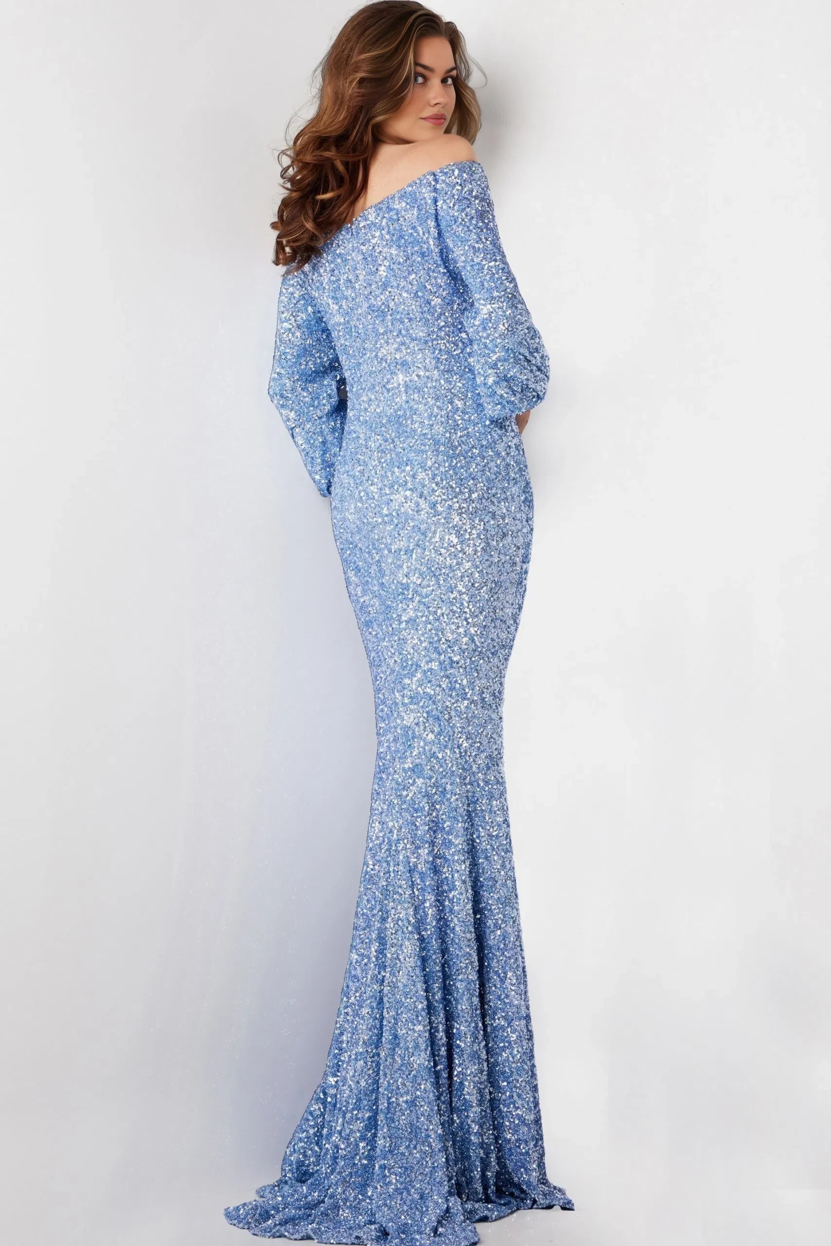 Glamorous Mermaid Off-Shoulder All-Over Sequin Puff-Sleeve Long Length Evening Dresses