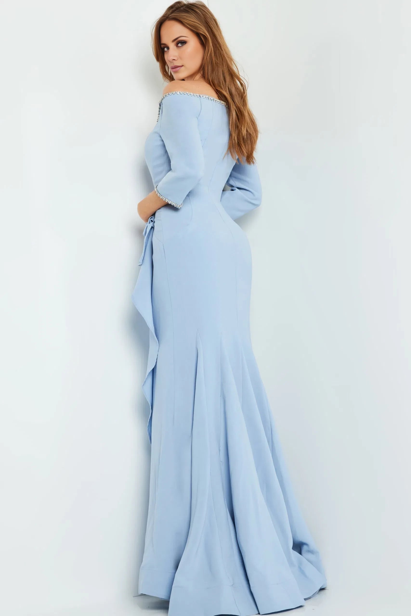 Glamorous Mermaid Off-Shoulder Beaded-Accent Ruffle-Sleeve Long Length Evening Dresses