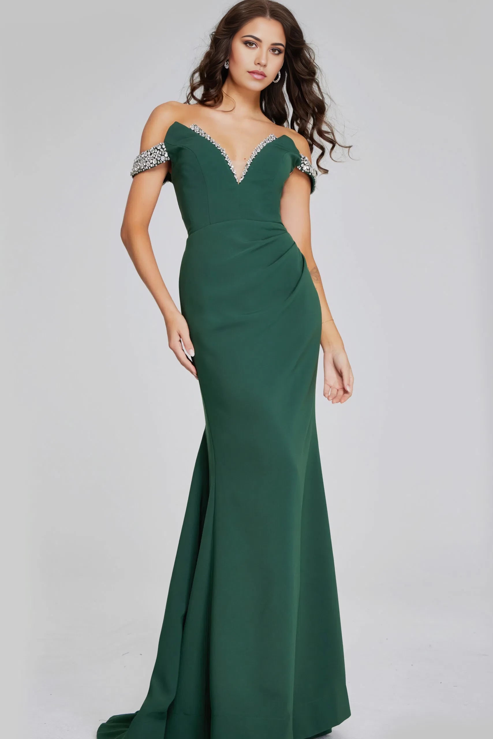 Glamorous Mermaid Off-Shoulder Beaded-Accent Short-Sleeve Long Length Evening Dresses