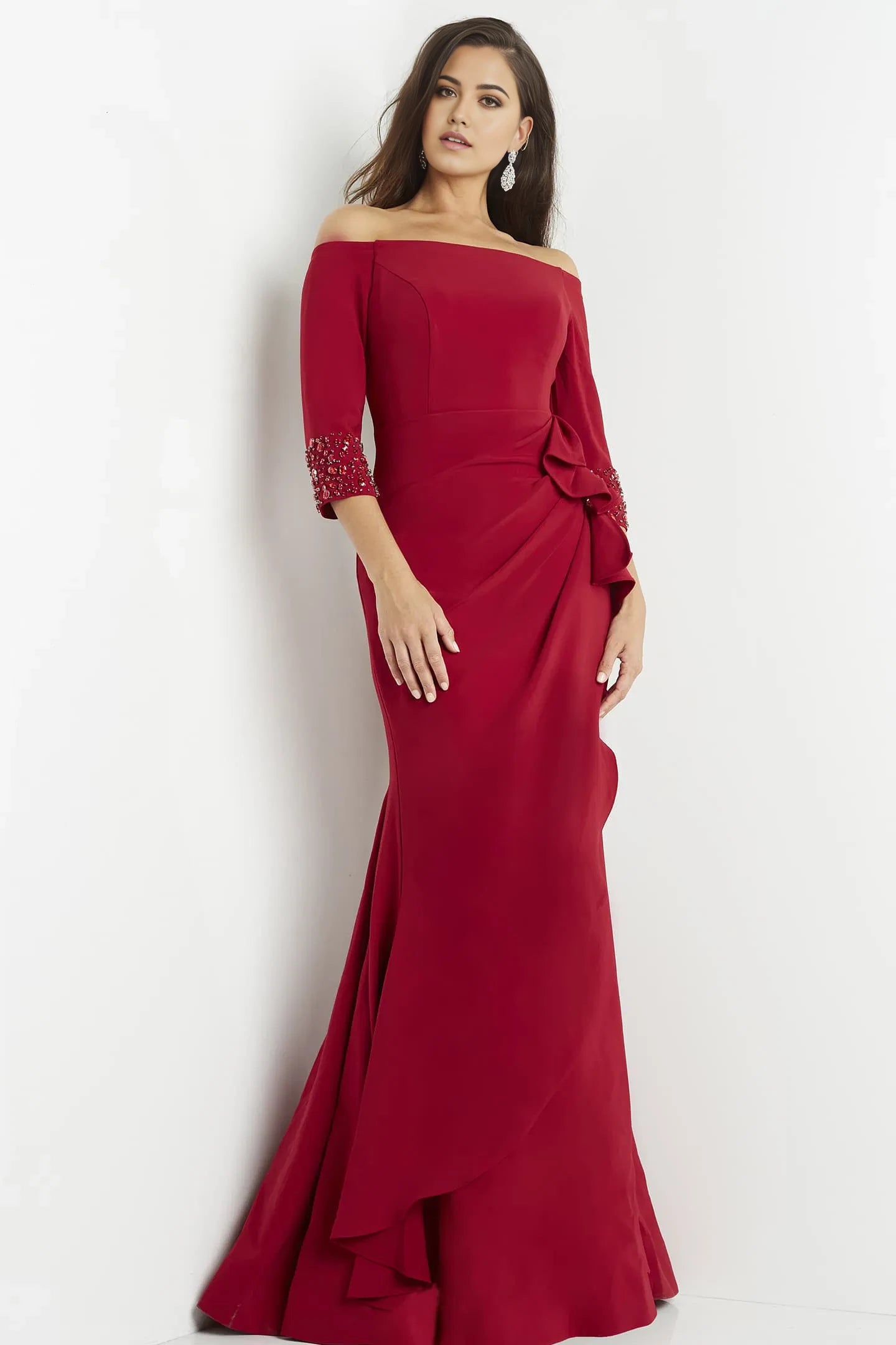 Glamorous Mermaid Off-Shoulder Beaded-Cuff Ruffled Long-Sleeve Long Length Evening Dresses