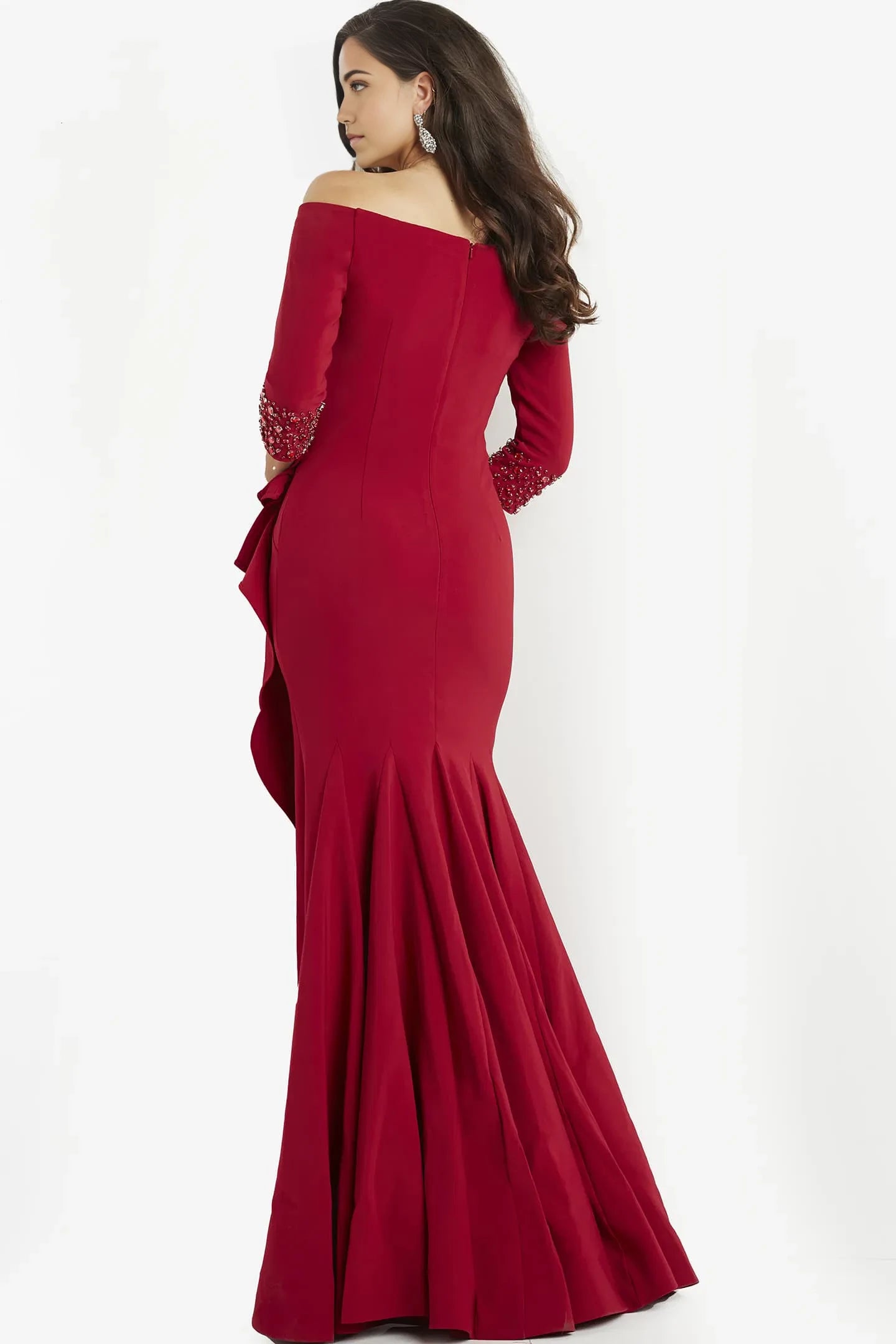 Glamorous Mermaid Off-Shoulder Beaded-Cuff Ruffled Long-Sleeve Long Length Evening Dresses
