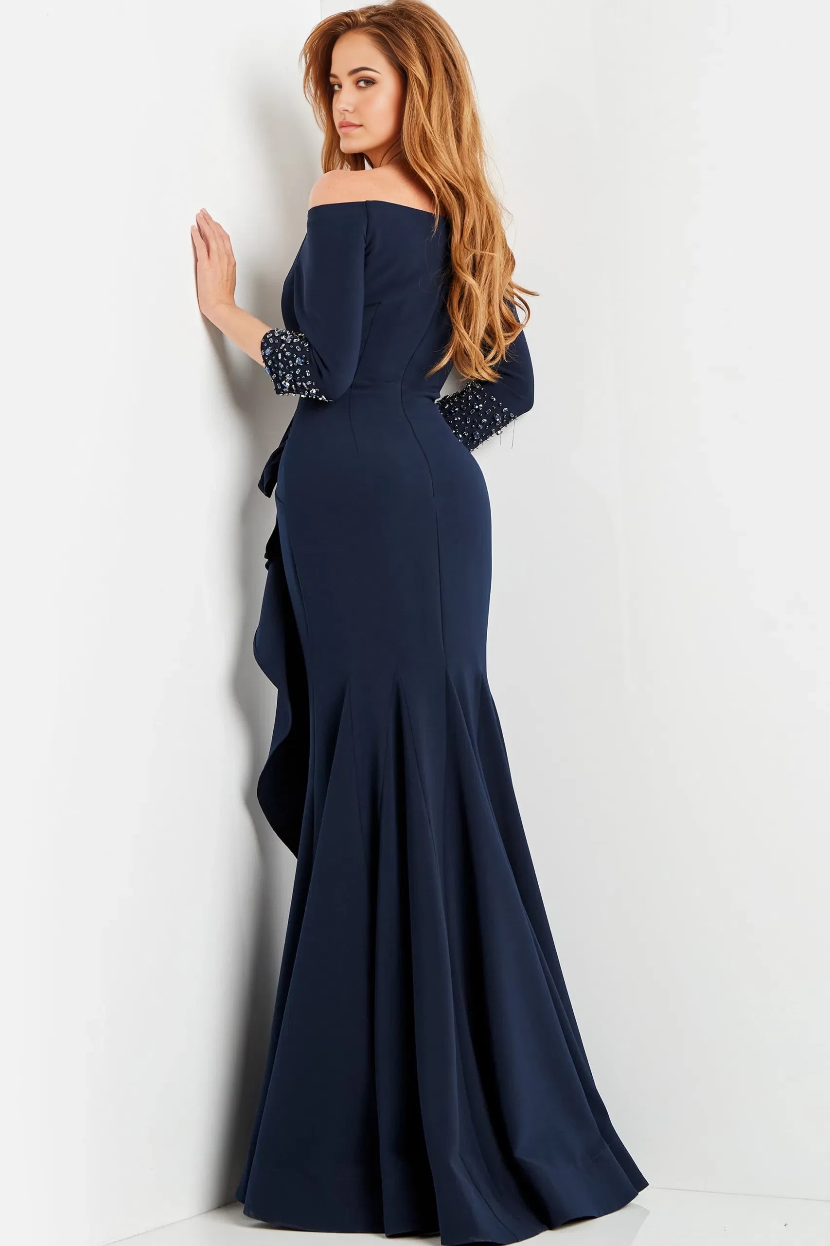 Glamorous Mermaid Off-Shoulder Beaded-Cuff Ruffled Long-Sleeve Long Length Evening Dresses
