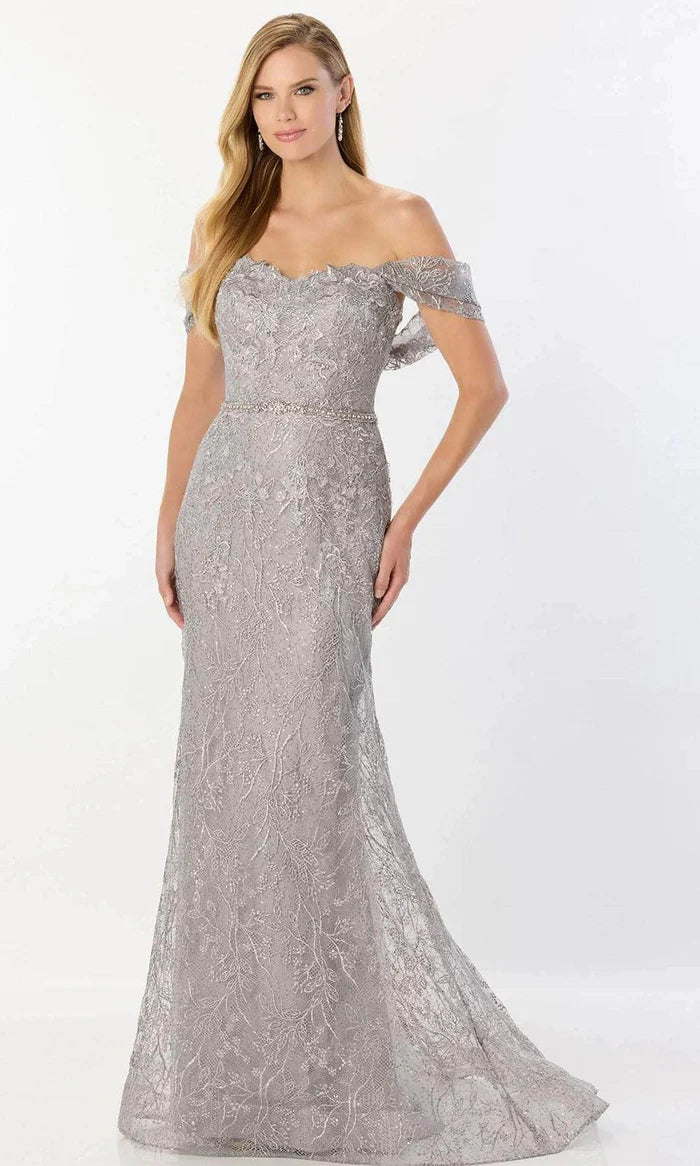 Glamorous Mermaid Off-Shoulder Beaded-Lace-Belted-Back Silver Tulle Floor-Length Mother of the Bride Dresses