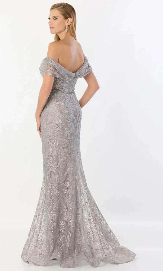 Glamorous Mermaid Off-Shoulder Beaded-Lace-Belted-Back Silver Tulle Floor-Length Mother of the Bride Dresses