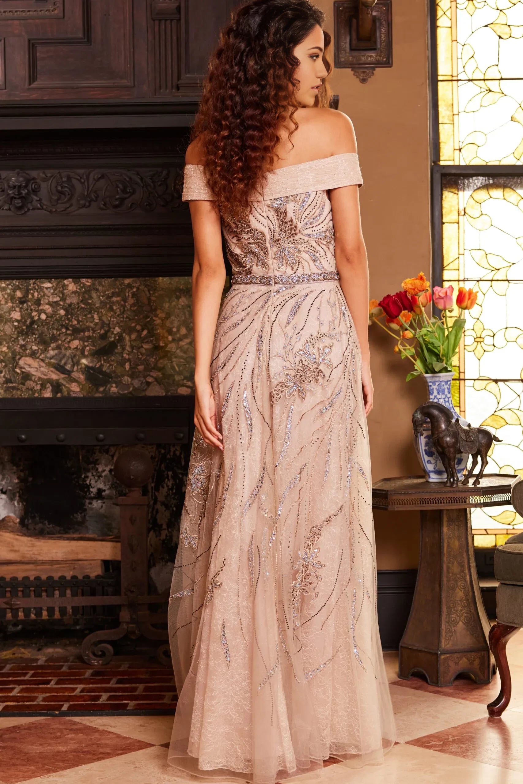 Glamorous Mermaid Off-Shoulder Beaded-Lace Short-Sleeve Long Length Evening Dresses