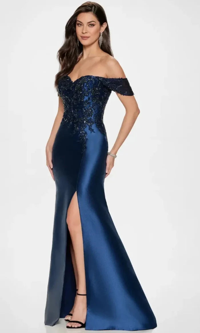 Glamorous Mermaid Off-Shoulder Beaded-Lace-Slit-Back Royal Blue Satin Floor-Length Mother of the Bride Dresses
