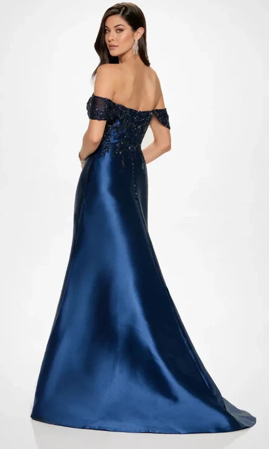 Glamorous Mermaid Off-Shoulder Beaded-Lace-Slit-Back Royal Blue Satin Floor-Length Mother of the Bride Dresses