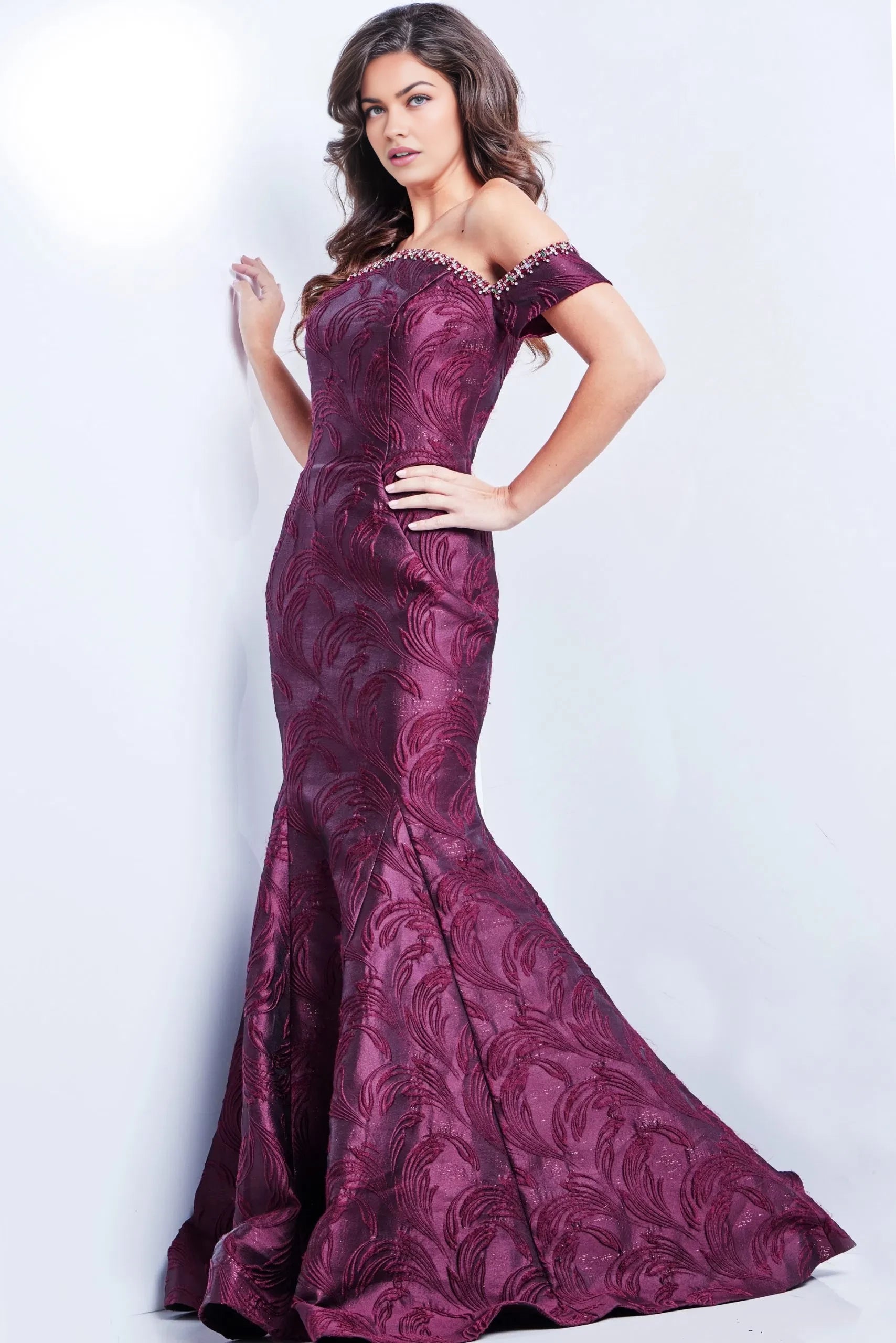 Glamorous Mermaid Off-Shoulder Beaded-Neck Textured-Floral Long Length Evening Dresses