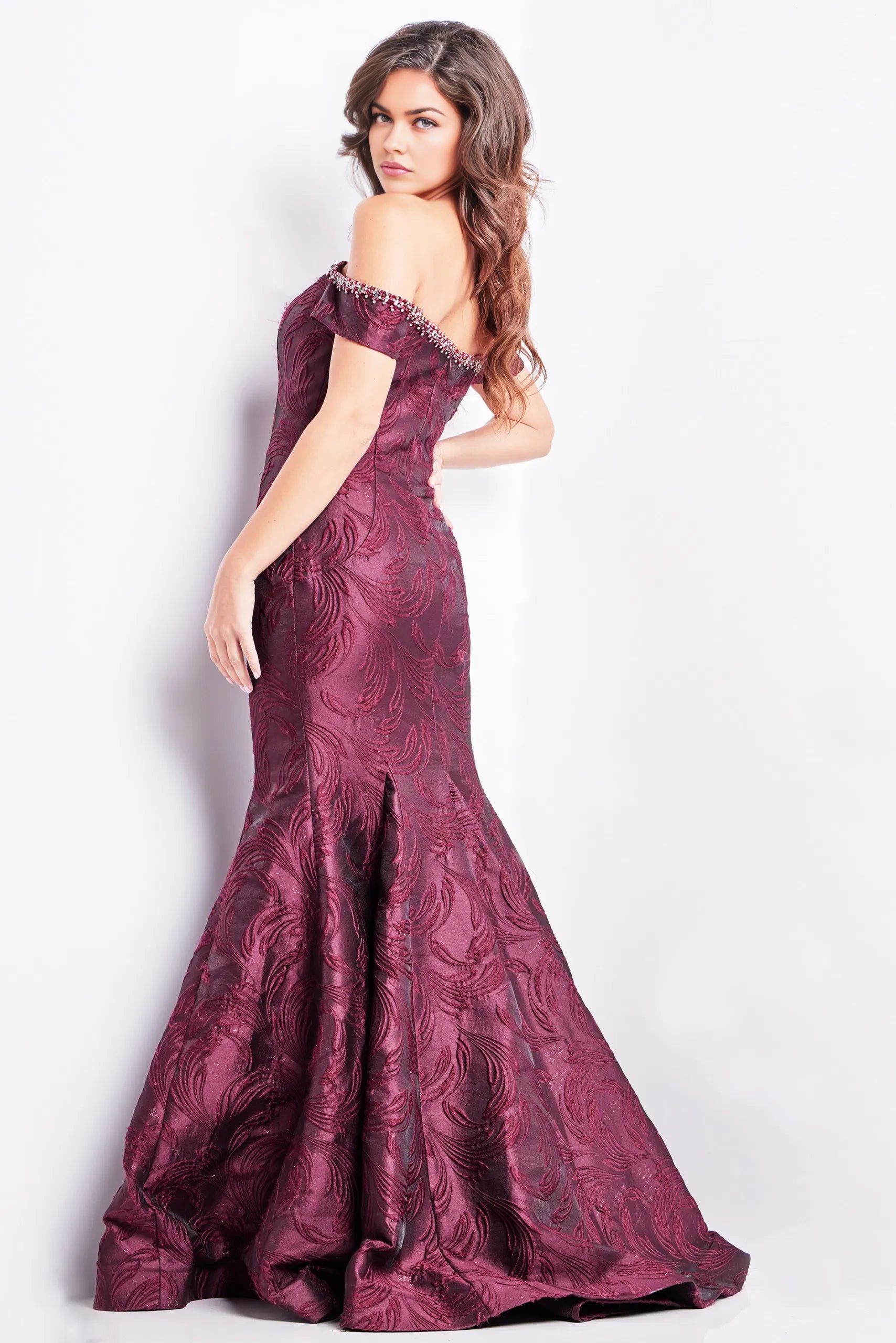 Glamorous Mermaid Off-Shoulder Beaded-Neck Textured-Floral Long Length Evening Dresses