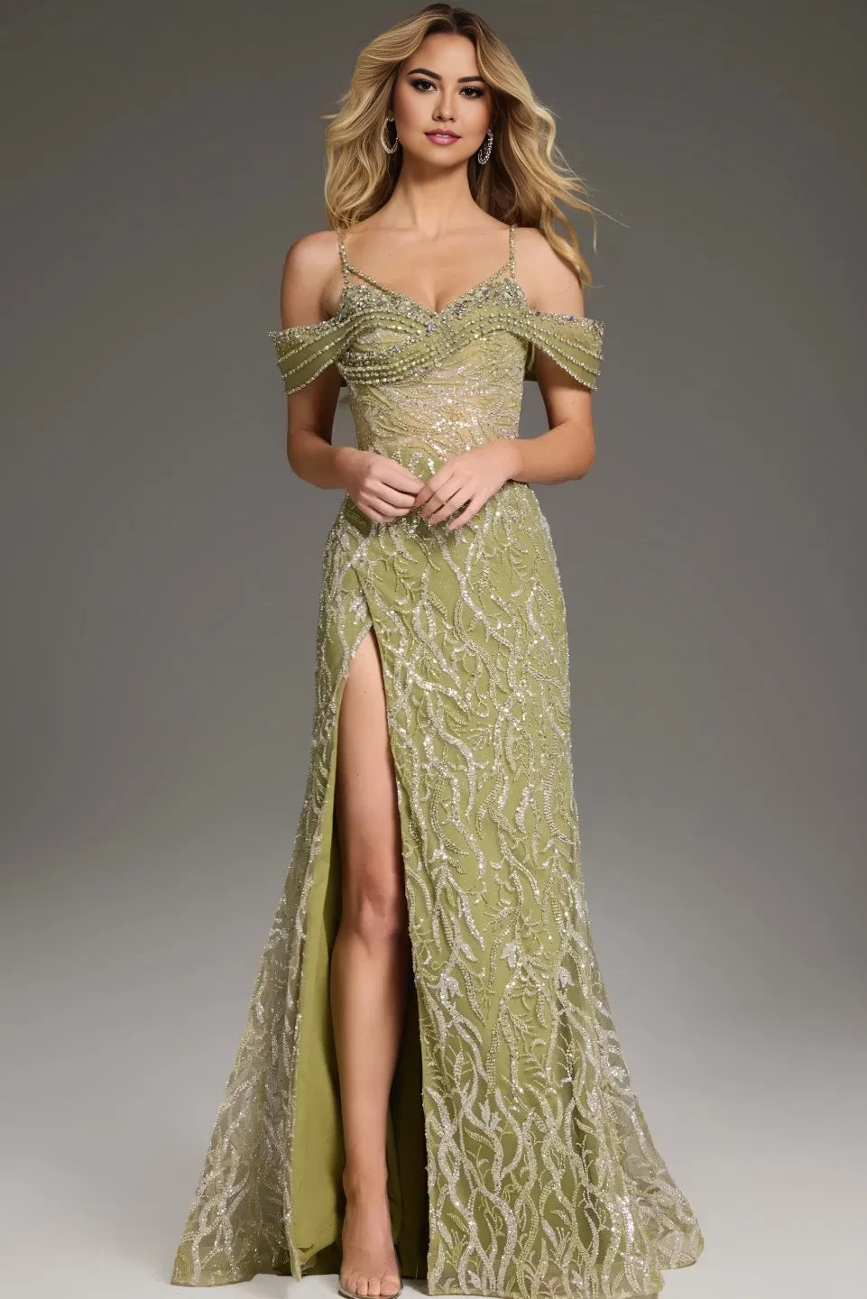 Glamorous Mermaid Off-Shoulder Beaded-Sequin High-Slit Long Length Evening Dresses