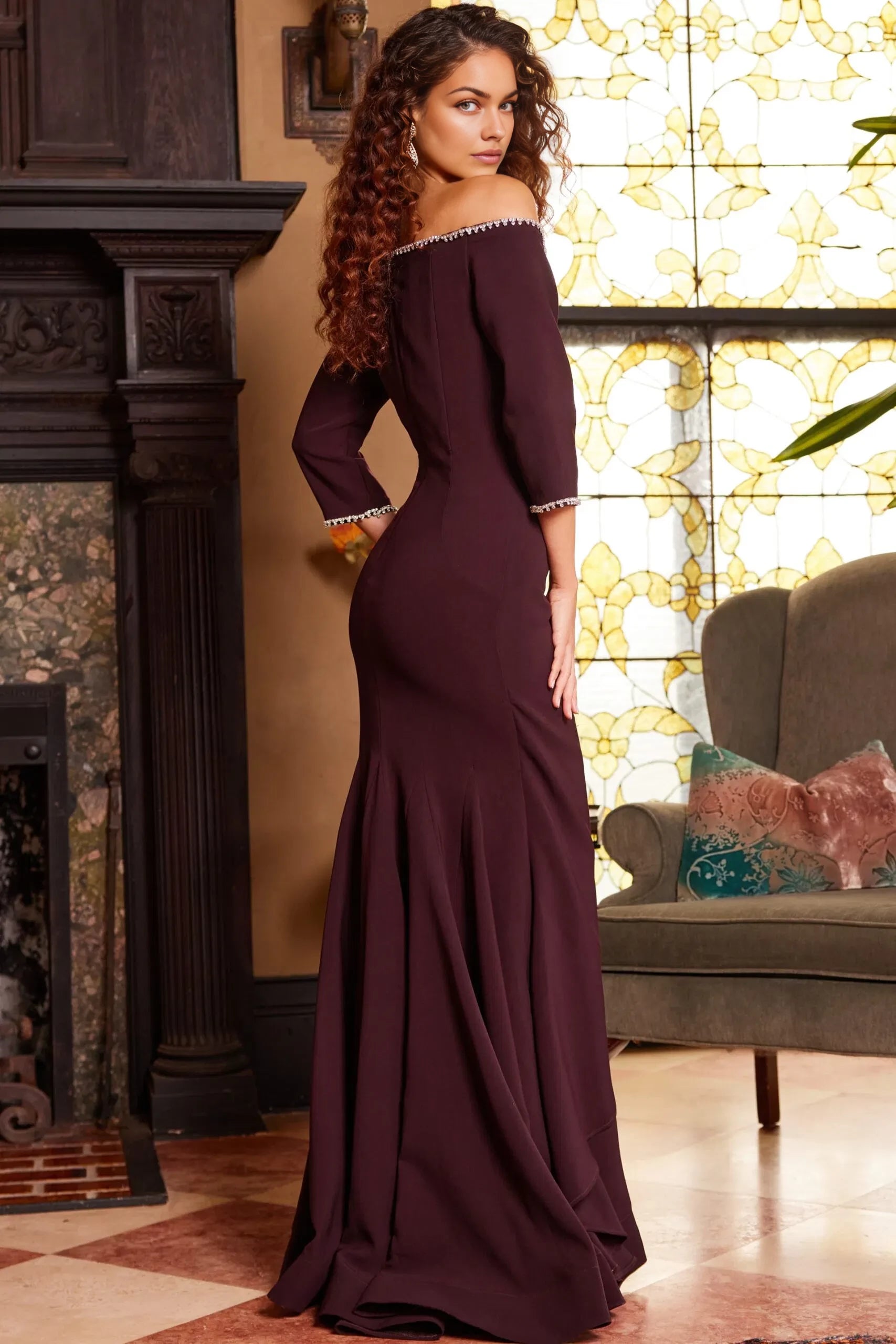 Glamorous Mermaid Off-Shoulder Beaded-Trim Ruched-Accent 3/4-Sleeve Long Length Evening Dresses