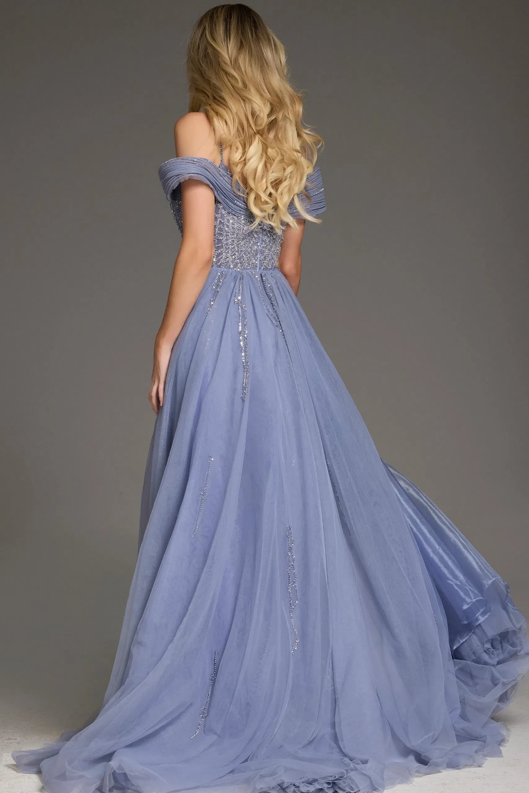 Glamorous Mermaid Off-Shoulder Beaded-Tulle Overlay Long Length Evening Dresses