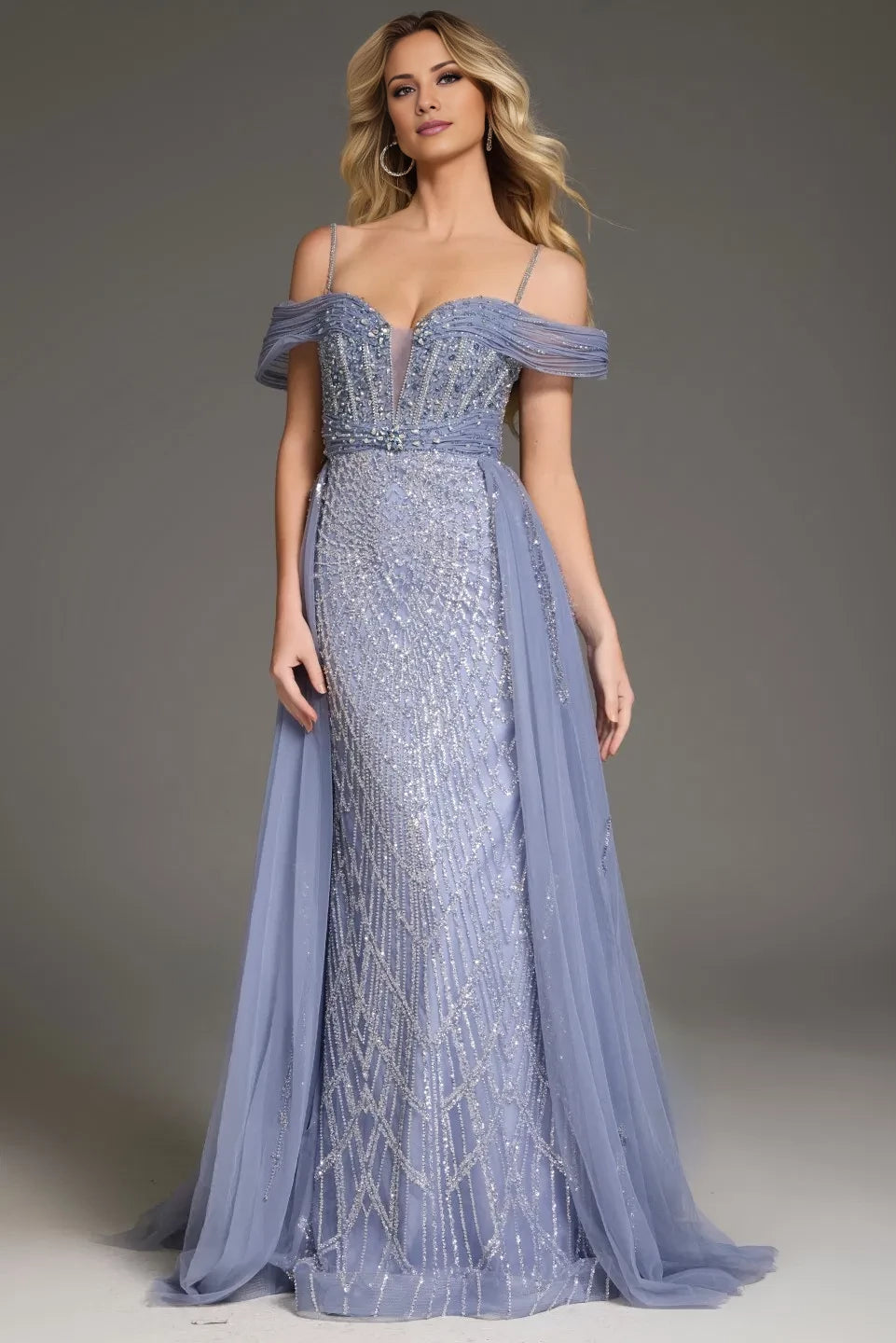 Glamorous Mermaid Off-Shoulder Beaded-Tulle Overlay Long Length Evening Dresses